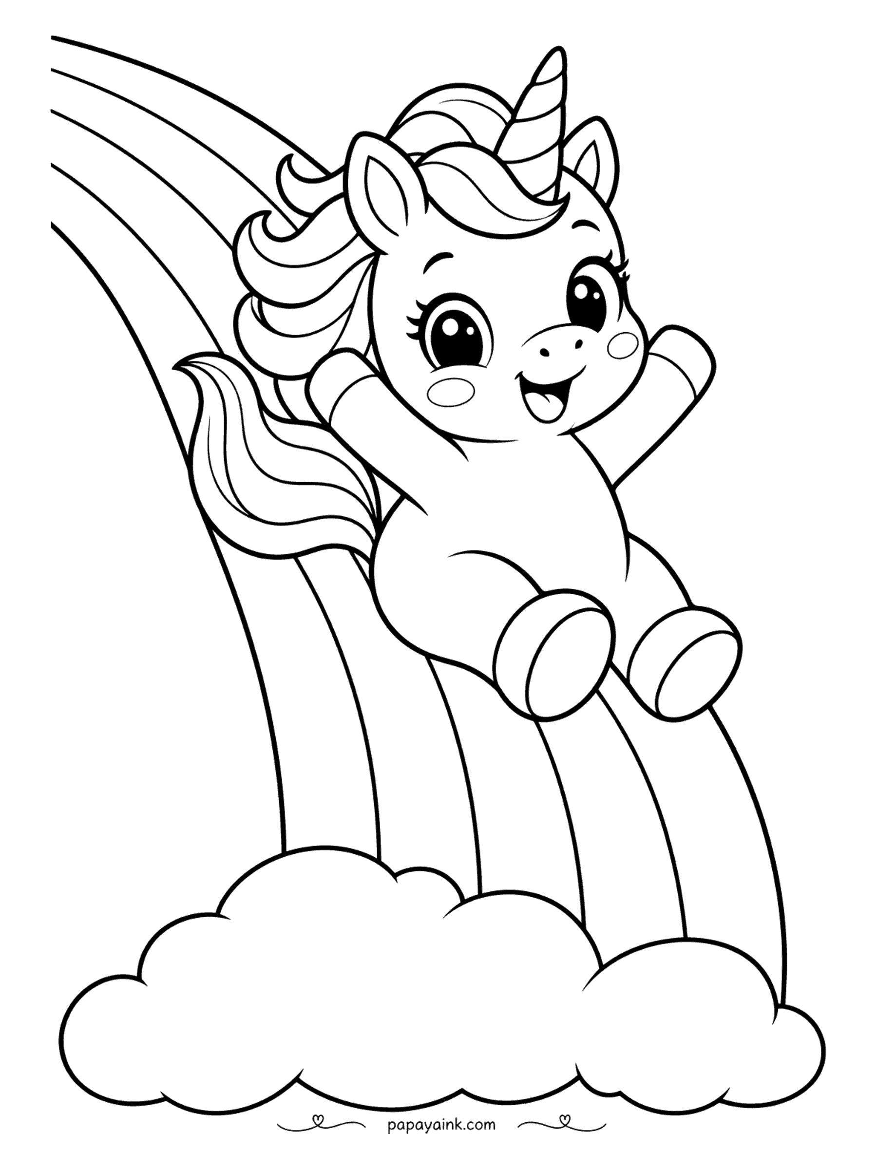 Easy Unicorn Coloring Pages - Cheerful unicorn sliding down a wide rainbow onto a soft cloud.