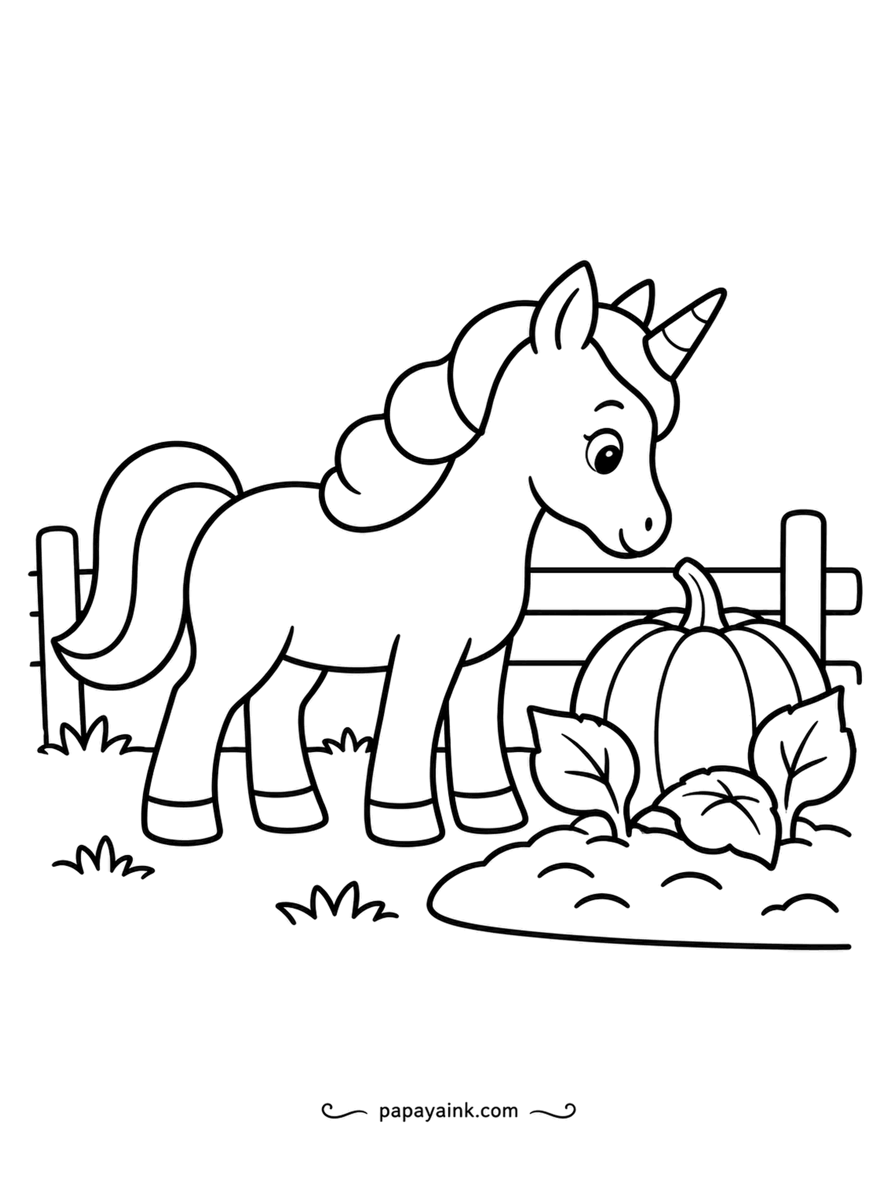 Easy Unicorn Coloring Pages - In the garden patch, one pumpkin has grown big enough to notice, and the unicorn has come over from the fence to sniff it. Orange for the pumpkin, green for the vine leaves, and any color you like for her.