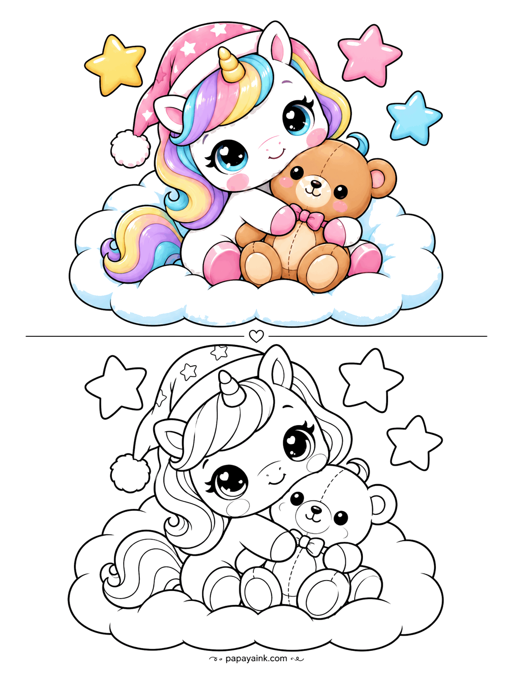 Easy Unicorn Coloring Pages - Nightcap on, teddy bear hugged tight, and a cloud for a mattress. Stars float at the corners. The sample has the cloud in pale blue - if that feels like too much, leave it white and tint only the shadows.