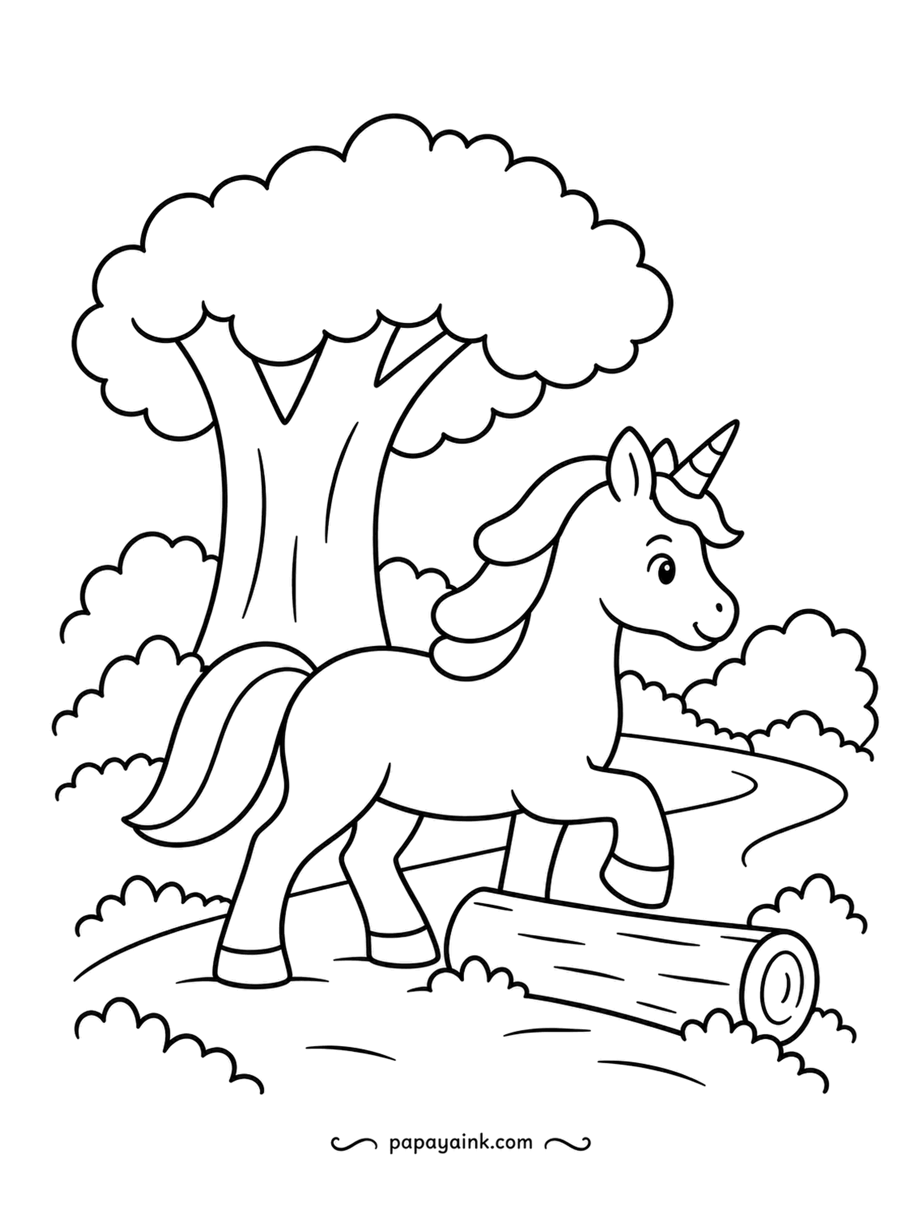 Easy Unicorn Coloring Pages - Across the woodland path lies a log, and the unicorn lifts one hoof high to step over it. Fluffy bushes all around. A nice mix of big and medium shapes for a beginner.