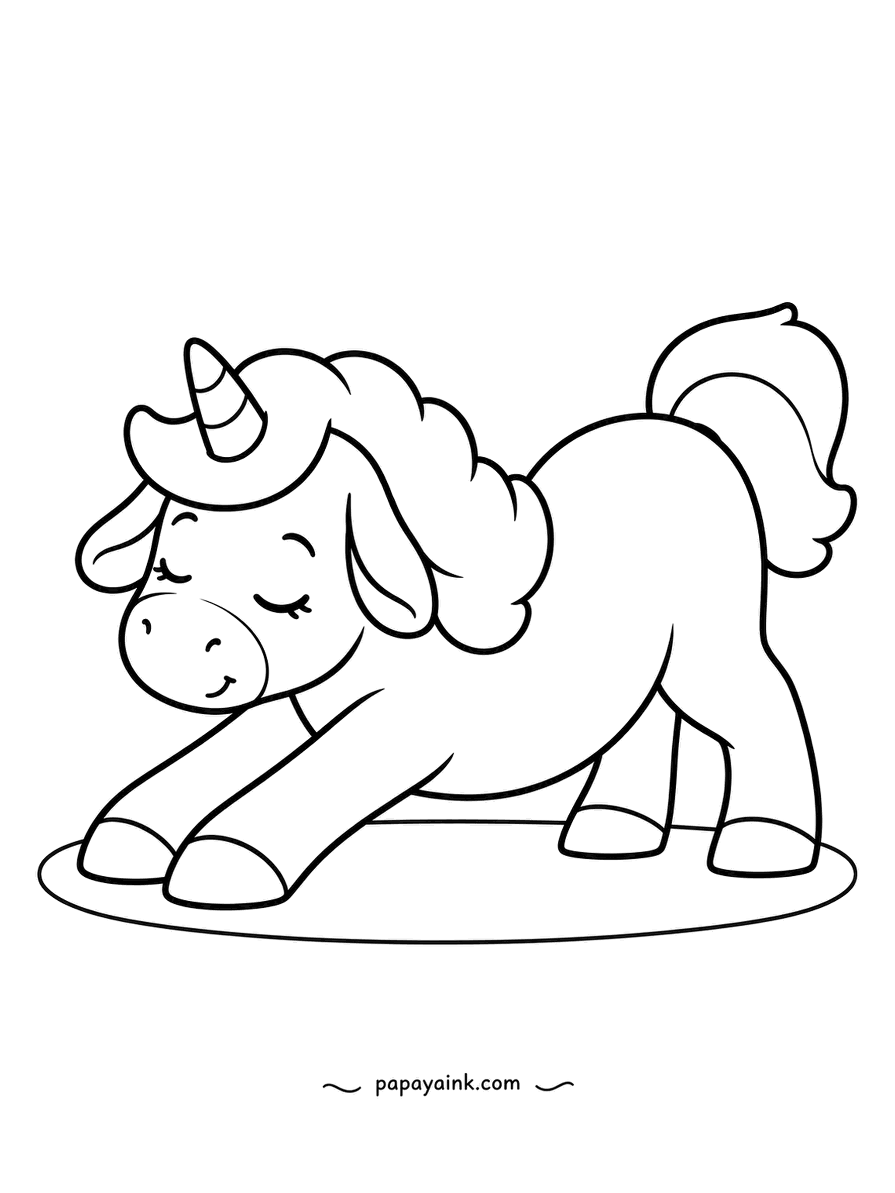 Easy Unicorn Coloring Pages - Front legs out, back end up, eyes still closed: the big morning stretch. Rounded shapes with lots of room to fill - a lovely page for beginners.