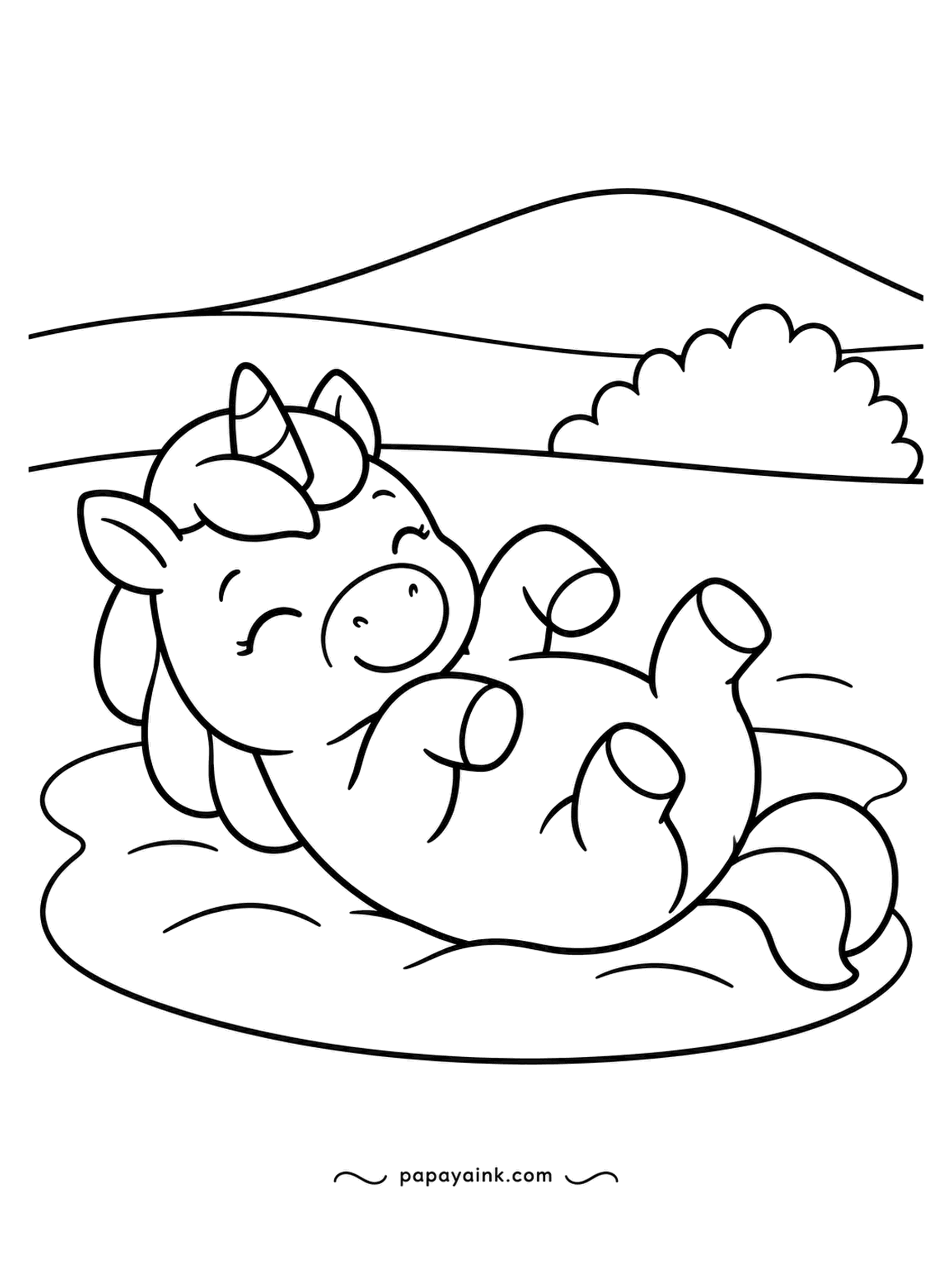 Easy Unicorn Coloring Pages - Flat on her back with all four hooves in the air, the foal is rolling in a soft patch of dirt. Horses do this to scratch and to clean their coats. Round, giggly and very easy.