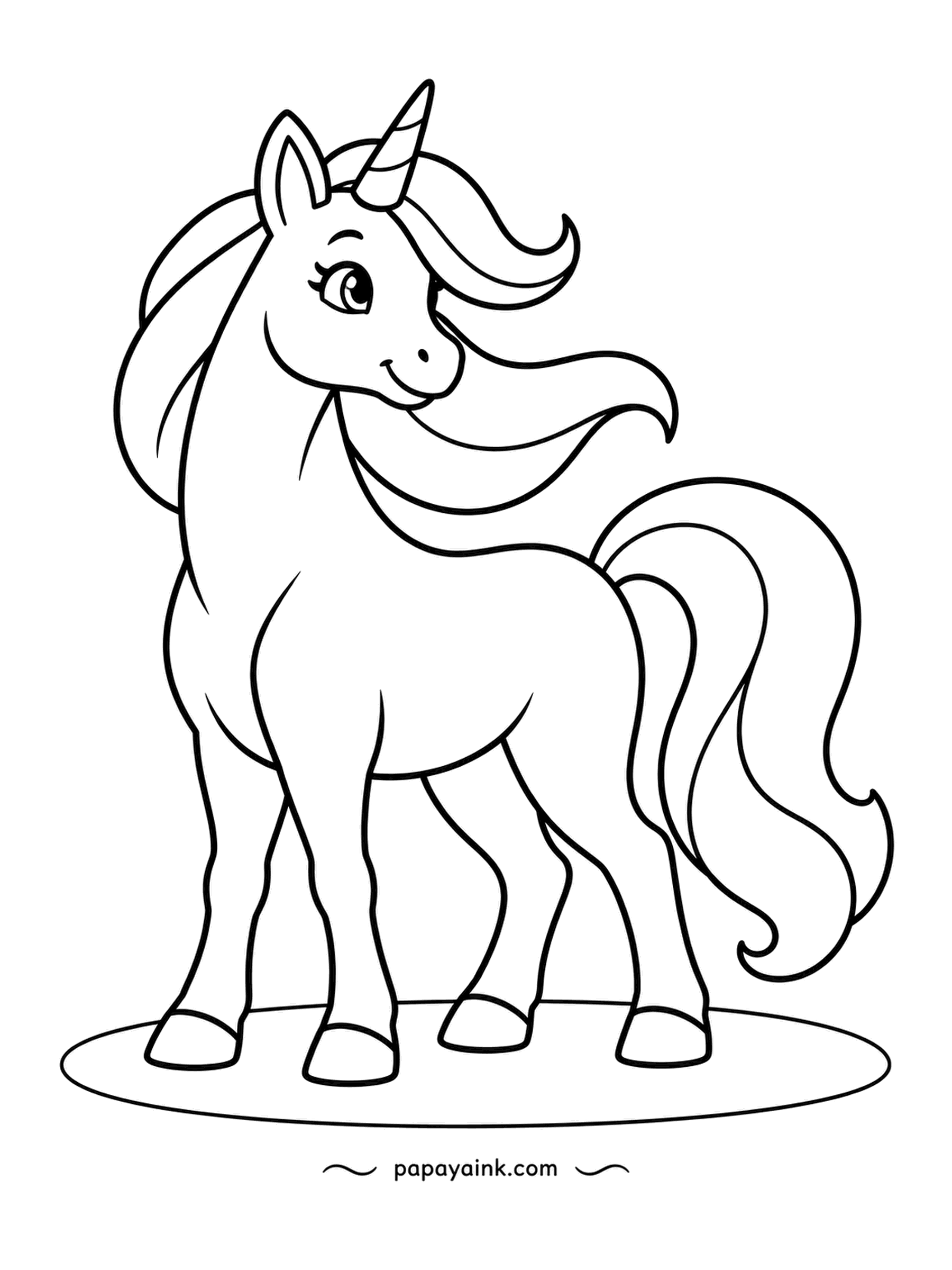 Easy Unicorn Coloring Pages - Chin up, hair flowing, the unicorn shows off her mane. There is no scenery here, only one large figure to fill. A rainbow of shades works well on the long tail.