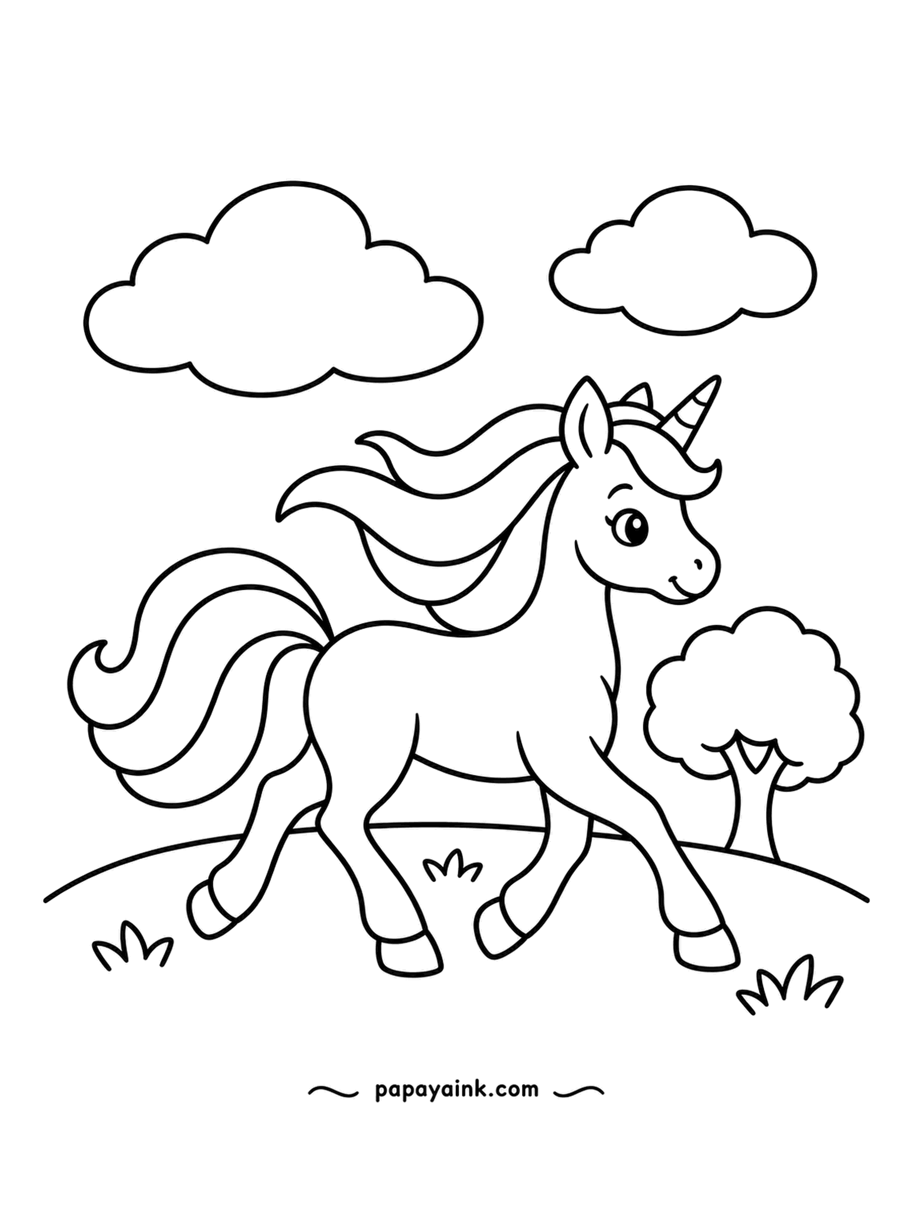 Easy Unicorn Coloring Pages - Overhead two clouds drift by, and the wind catches her hair as she trots across the top of the hill. A small round tree waits on the far side. Sky blue, meadow green, done.