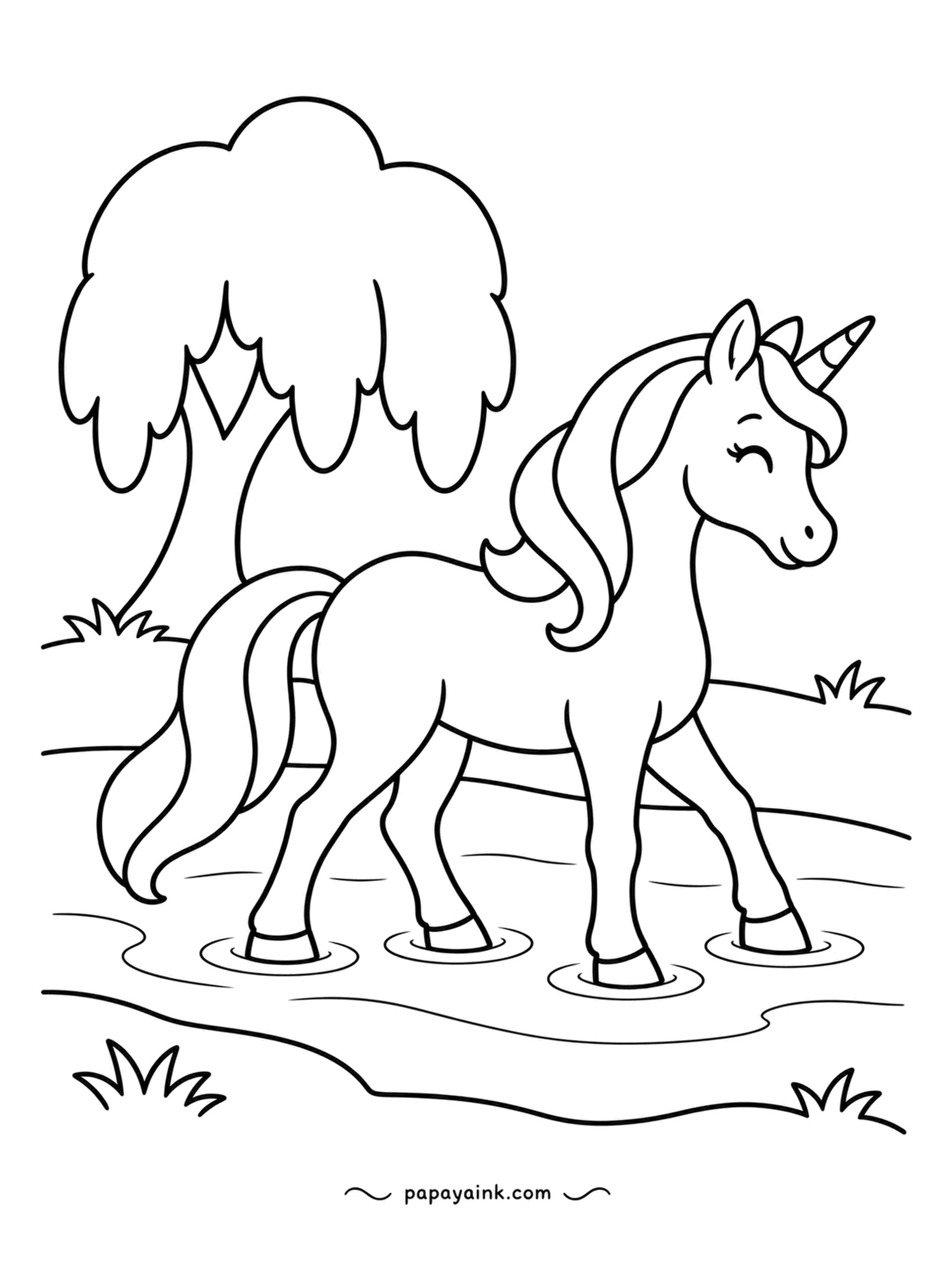 Easy Unicorn Coloring Pages - The water only comes up to her ankles, so the unicorn wades across the stream, ripples circling each hoof. A willow droops on the far bank. Try a pair of blues for the stream.
