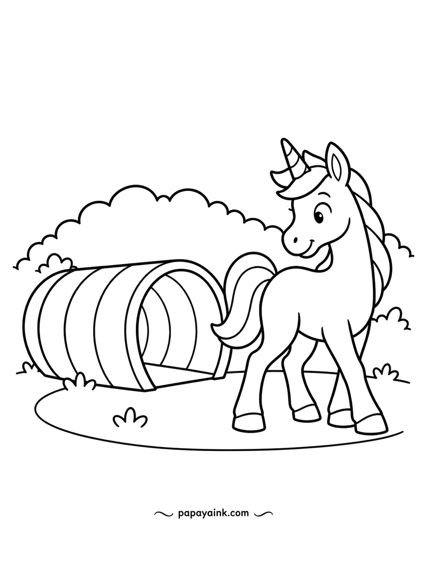 Easy Unicorn Coloring Pages - The play tunnel is long, round and striped, and the unicorn has just come out the far end. She looks back as if planning another run. Each stripe of the tunnel can take a different shade.