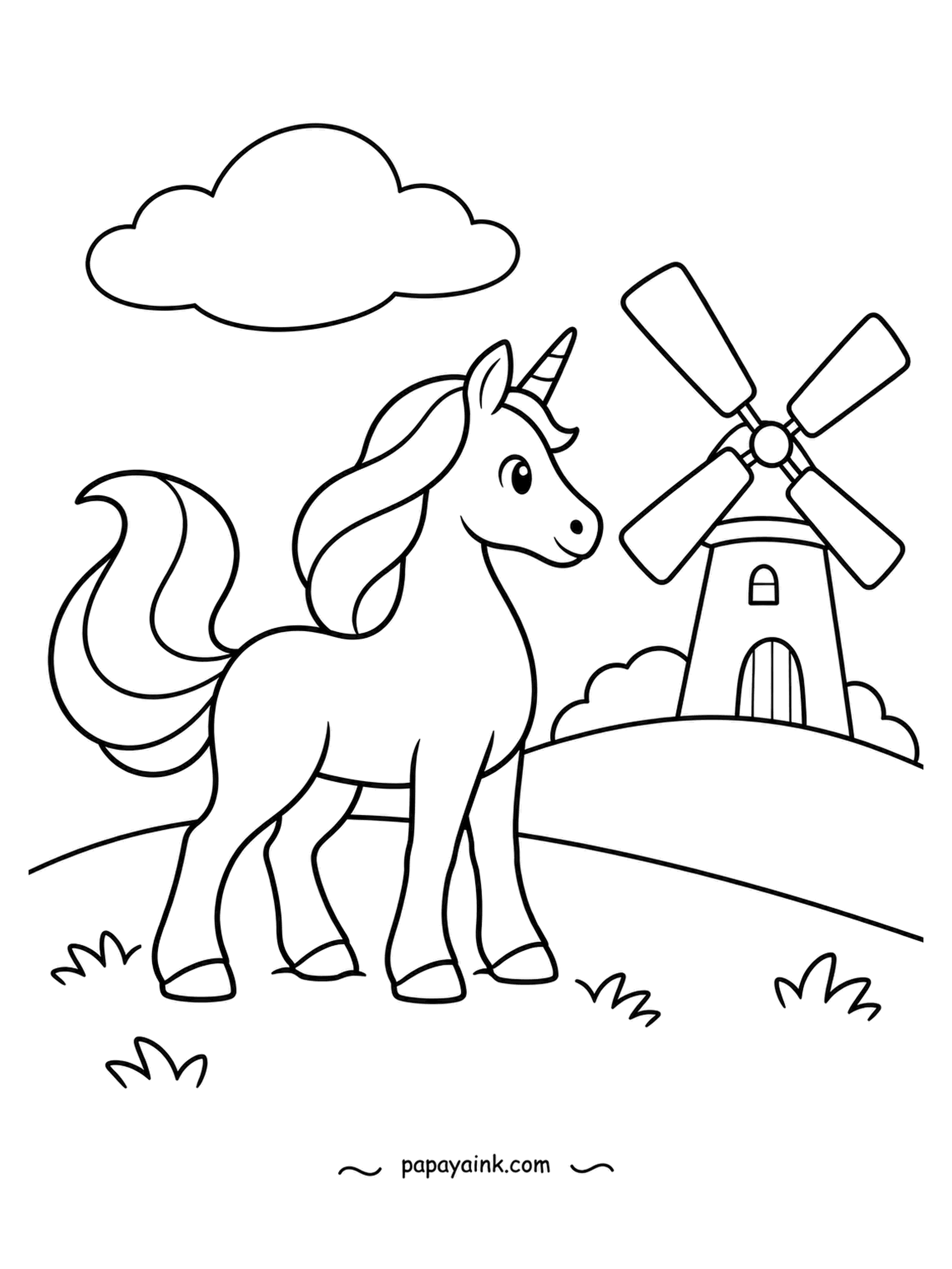 Easy Unicorn Coloring Pages - Out in the countryside the windmill sails turn slowly on the hill, and the unicorn has stopped to watch them go round. One cloud, a few bushes and lots of open sky.
