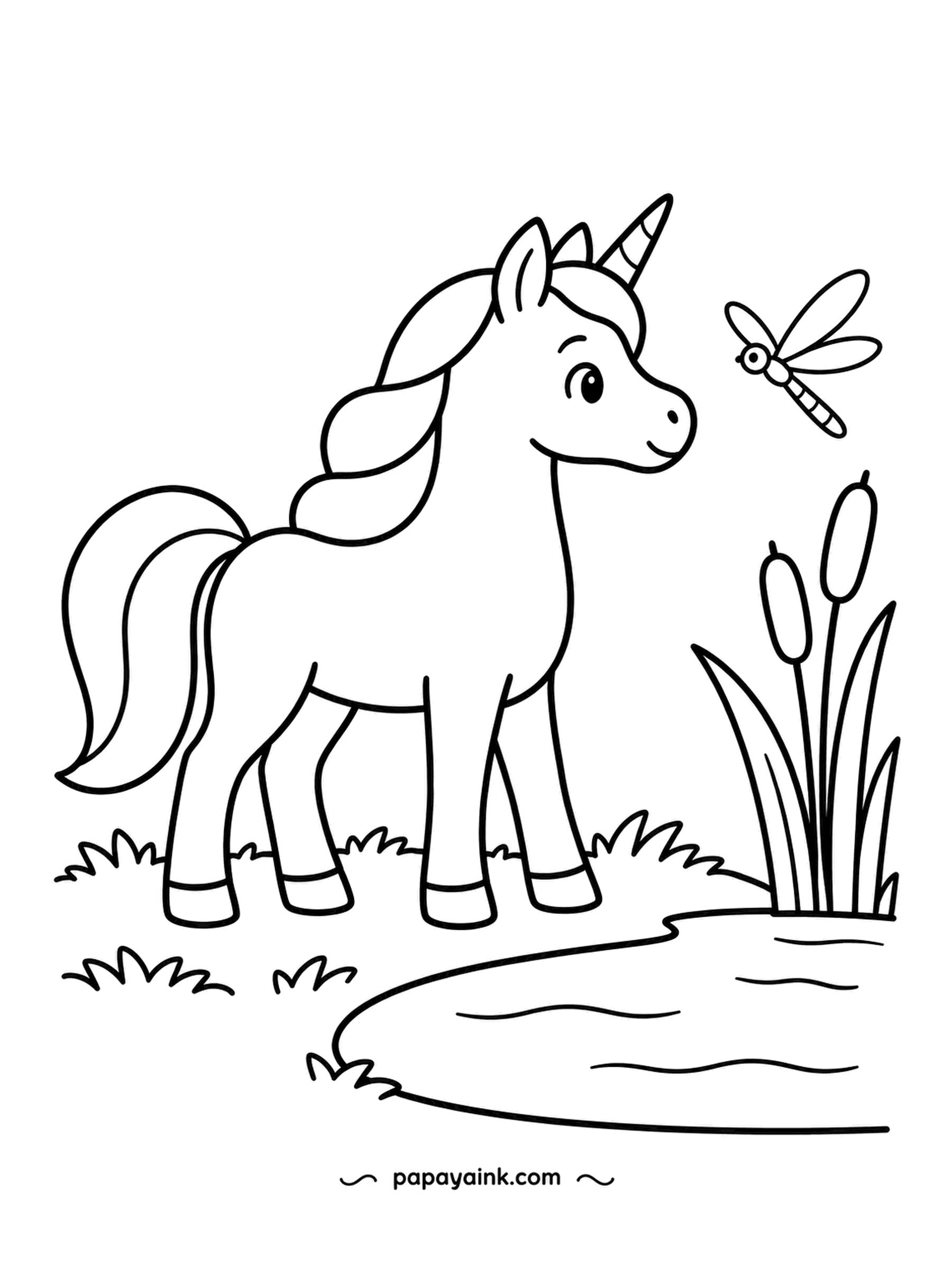 Easy Unicorn Coloring Pages - A dragonfly hovers over the cattails at the edge of the pond, and the unicorn follows it with her eyes. It will be gone in a second. Brown cattail heads, a blue pond, shimmering wings.