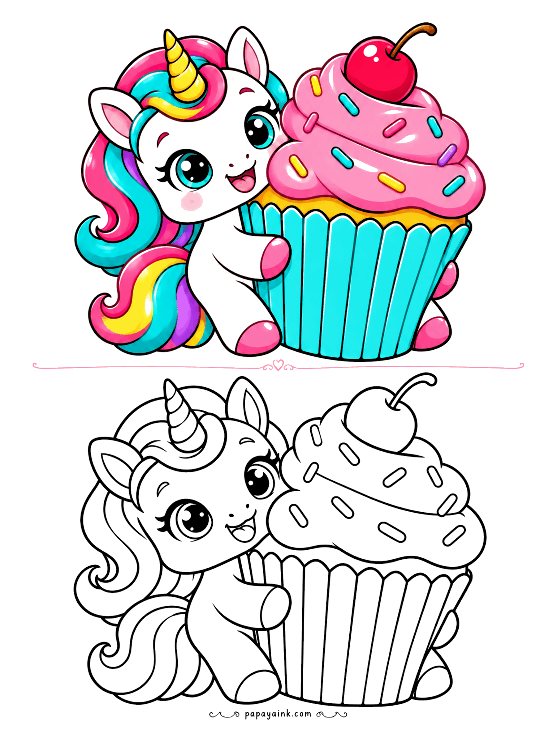 Easy Unicorn Coloring Pages - Happy unicorn peeking around a giant cupcake with sprinkles and a cherry on top.