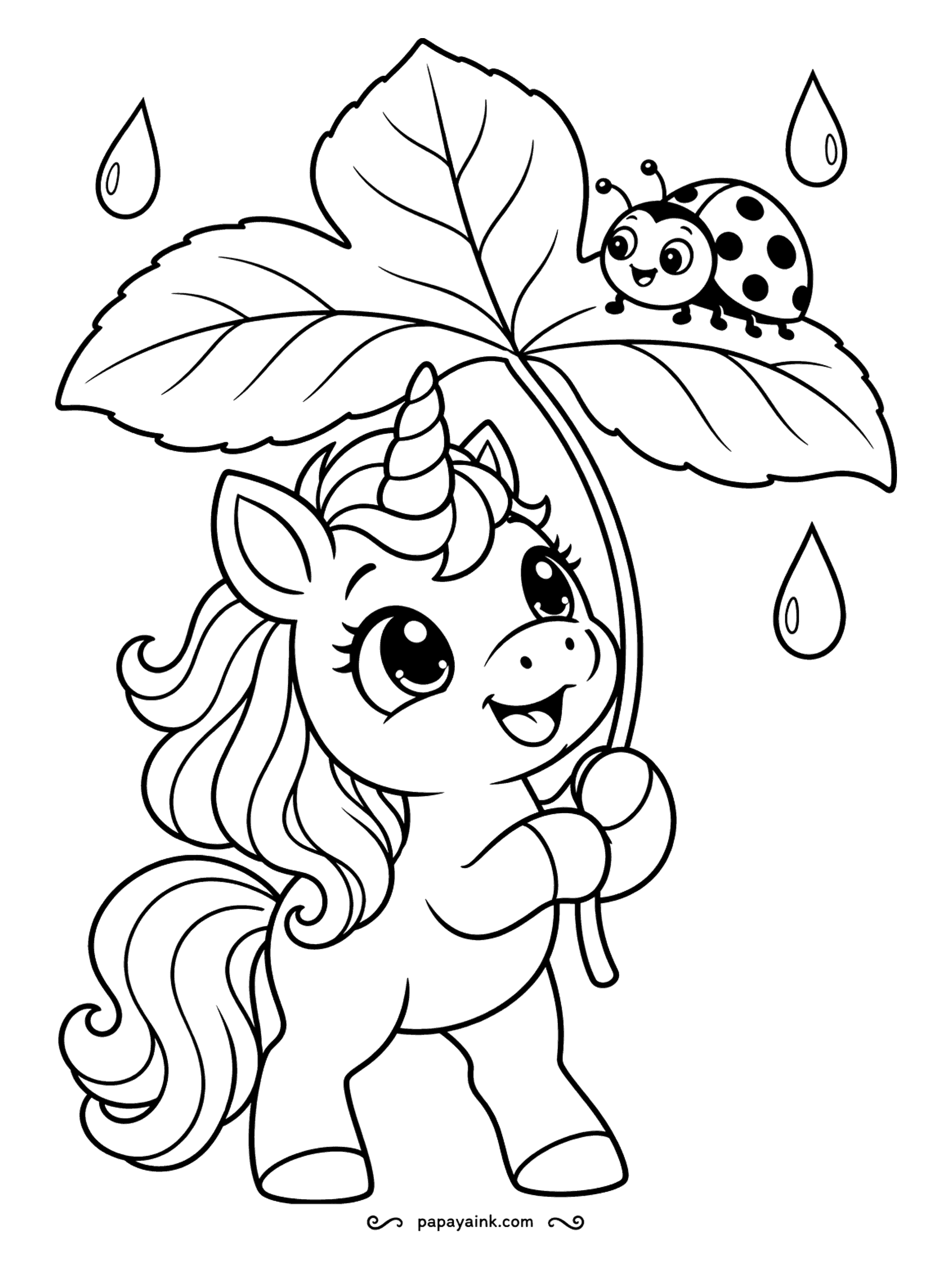 Easy Unicorn Coloring Pages - Unicorn using a big leaf as an umbrella, with a friendly ladybug on top.