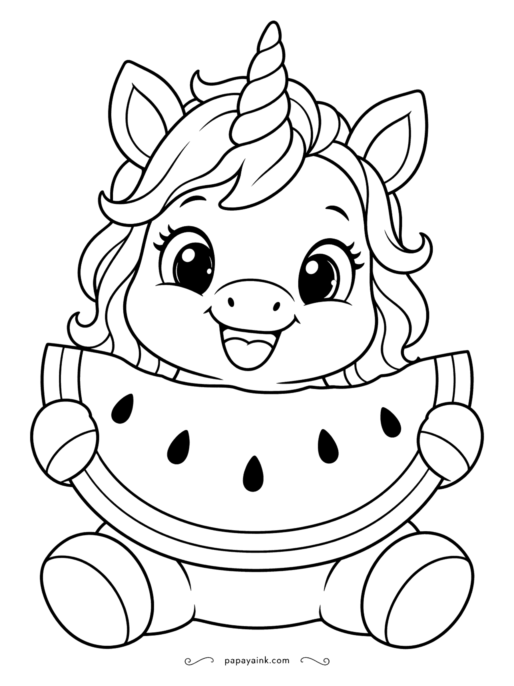 Easy Unicorn Coloring Pages - Smiling unicorn holding a big watermelon slice with bold black seeds.