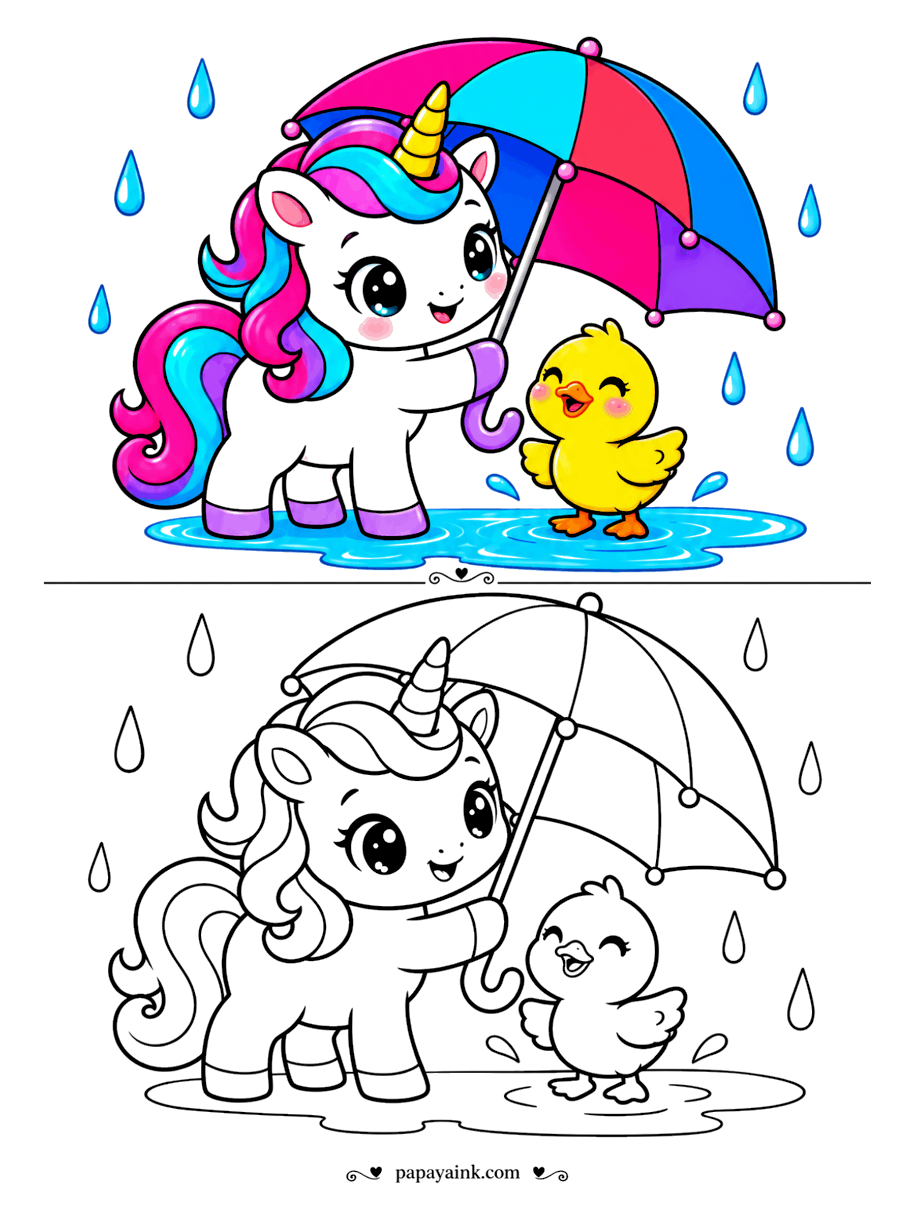 Easy Unicorn Coloring Pages - Kind unicorn holding an umbrella over a duckling on a rainy day.