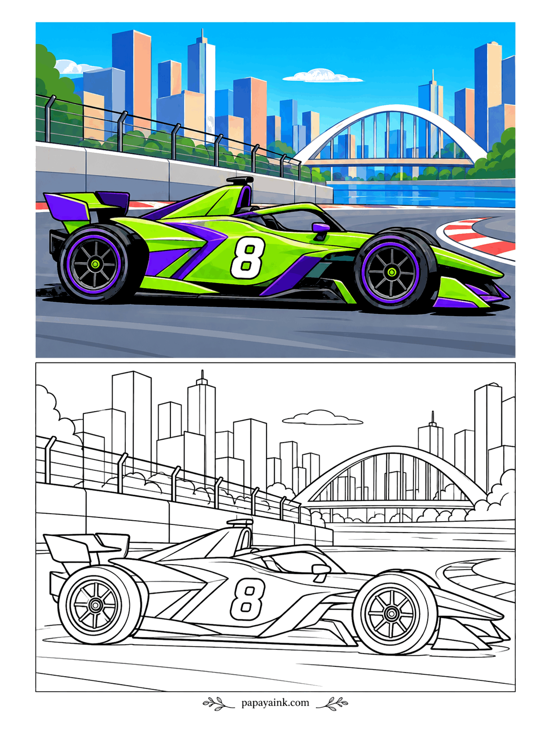 Race Car Coloring Pages - No engine roar here, just a whine. Lime green with purple wheels, the electric formula car slips through a street circuit while an arch bridge spans the river behind it. The skyline is all clean blocks - quick to fill.