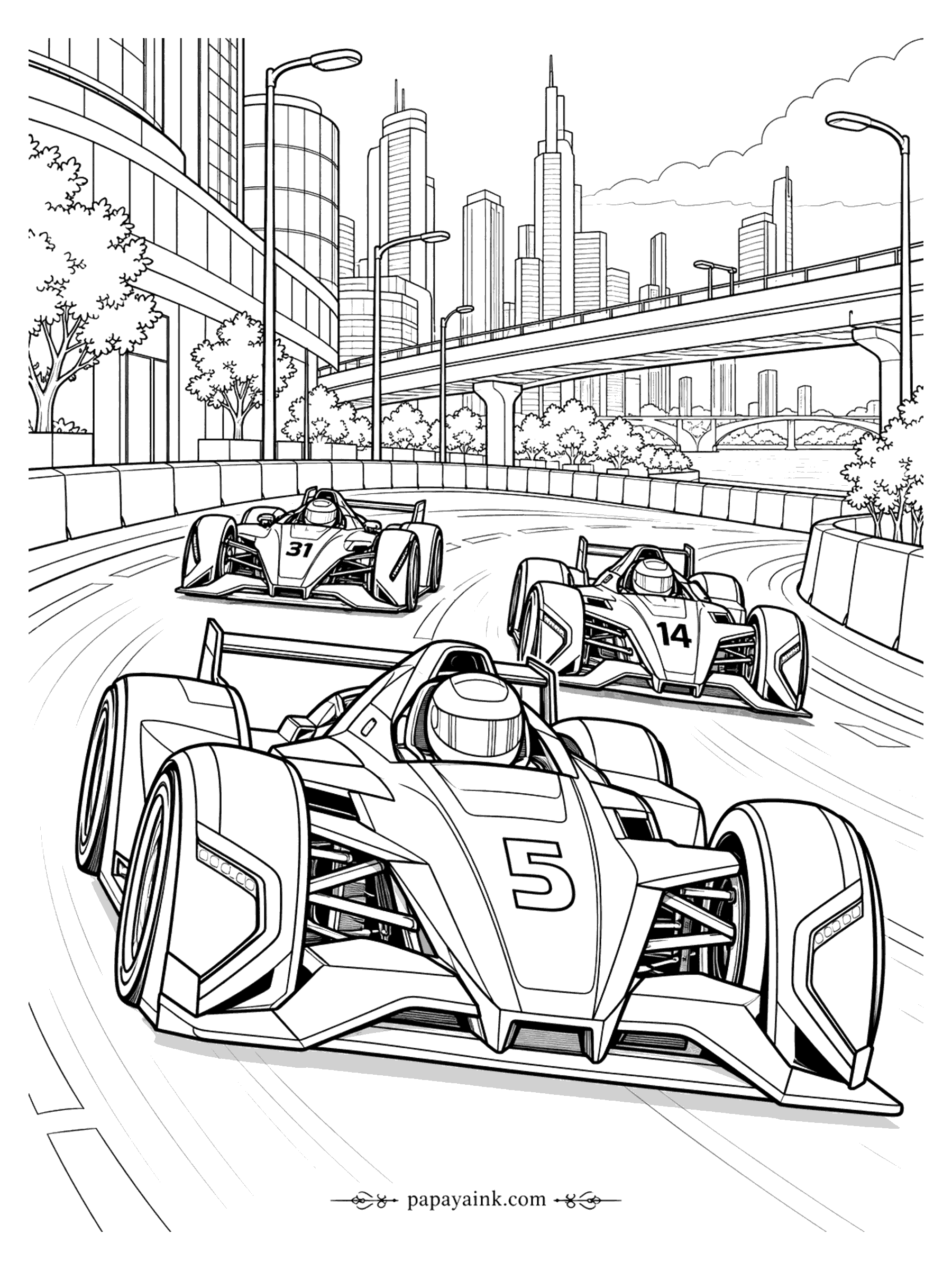 Race Car Coloring Pages - Three futuristic electric formula cars racing a downtown street circuit with skyscrapers, an overpass, and a river bridge. Detailed