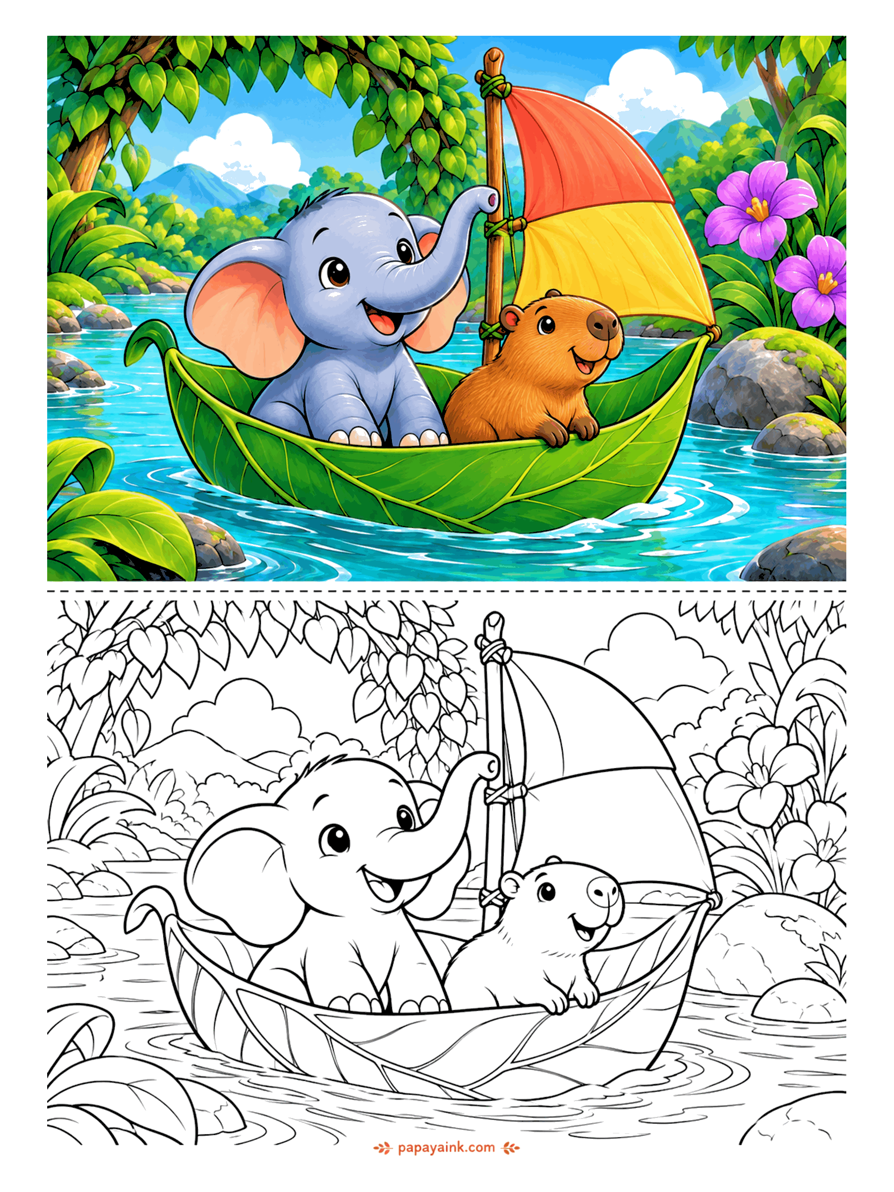 Elephant Coloring Pages - The capybara did not ask to be first mate, yet here we are. A folded leaf serves as the hull, a patched sail catches the river breeze, and the trunk keeps the mast steady. Detailed - thick foliage along both banks.