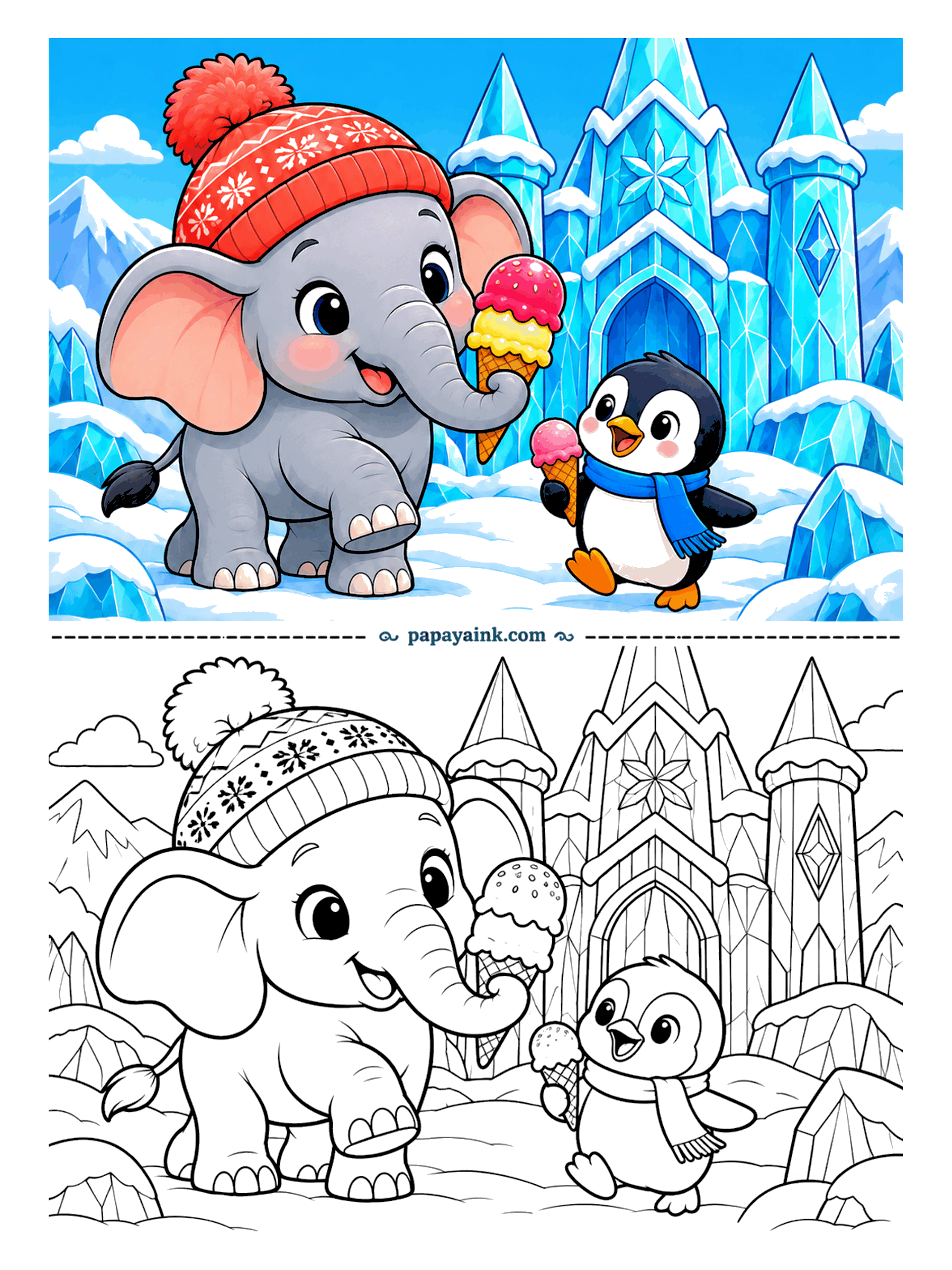 Elephant Coloring Pages - Ice cream outside an ice castle is a bold choice, but the penguin approves and has a cone of its own. Woolly hat on, one foot lifted mid-step. Cold blues for the castle make the scoops look brighter.