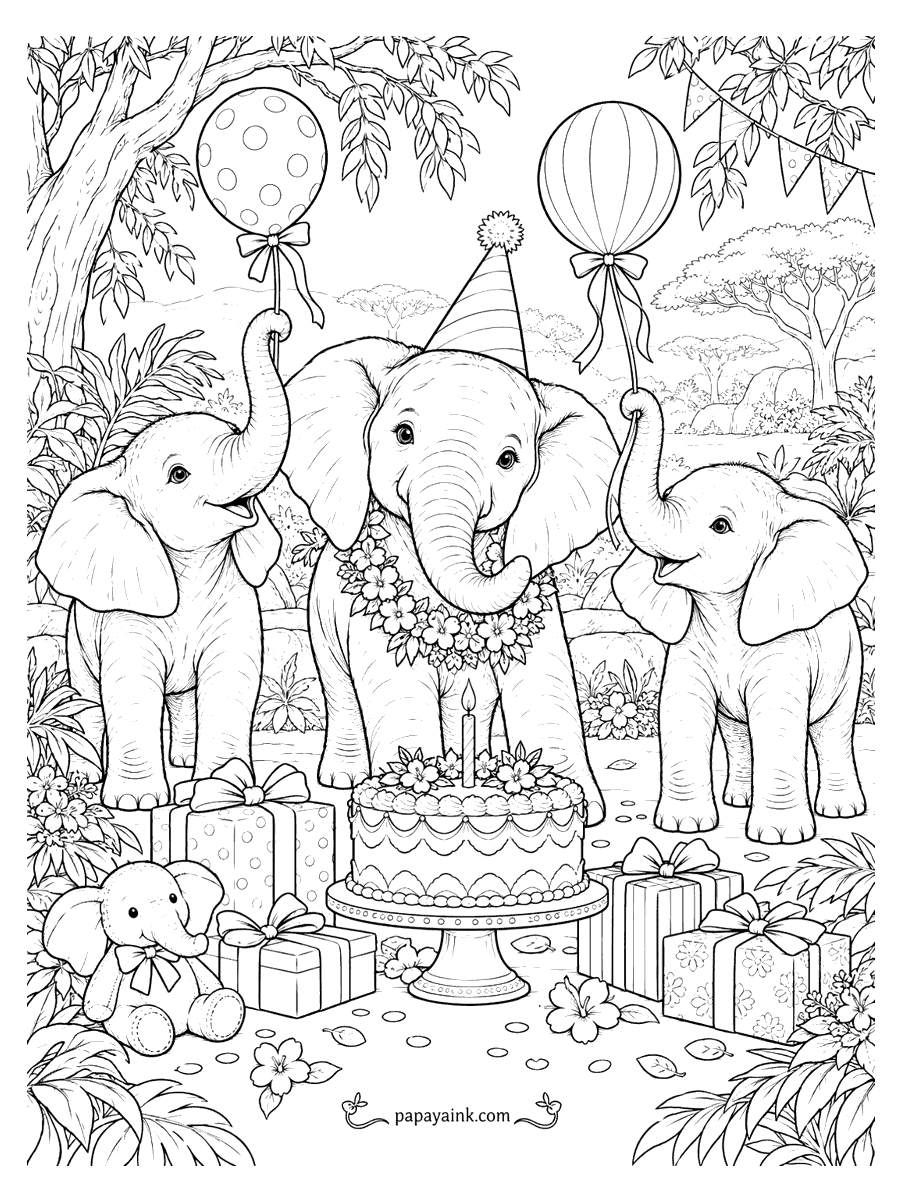 Elephant Coloring Pages - Three elephants celebrate a birthday with a flower garland, a party hat, balloons, wrapped gifts and a cake. Detailed.