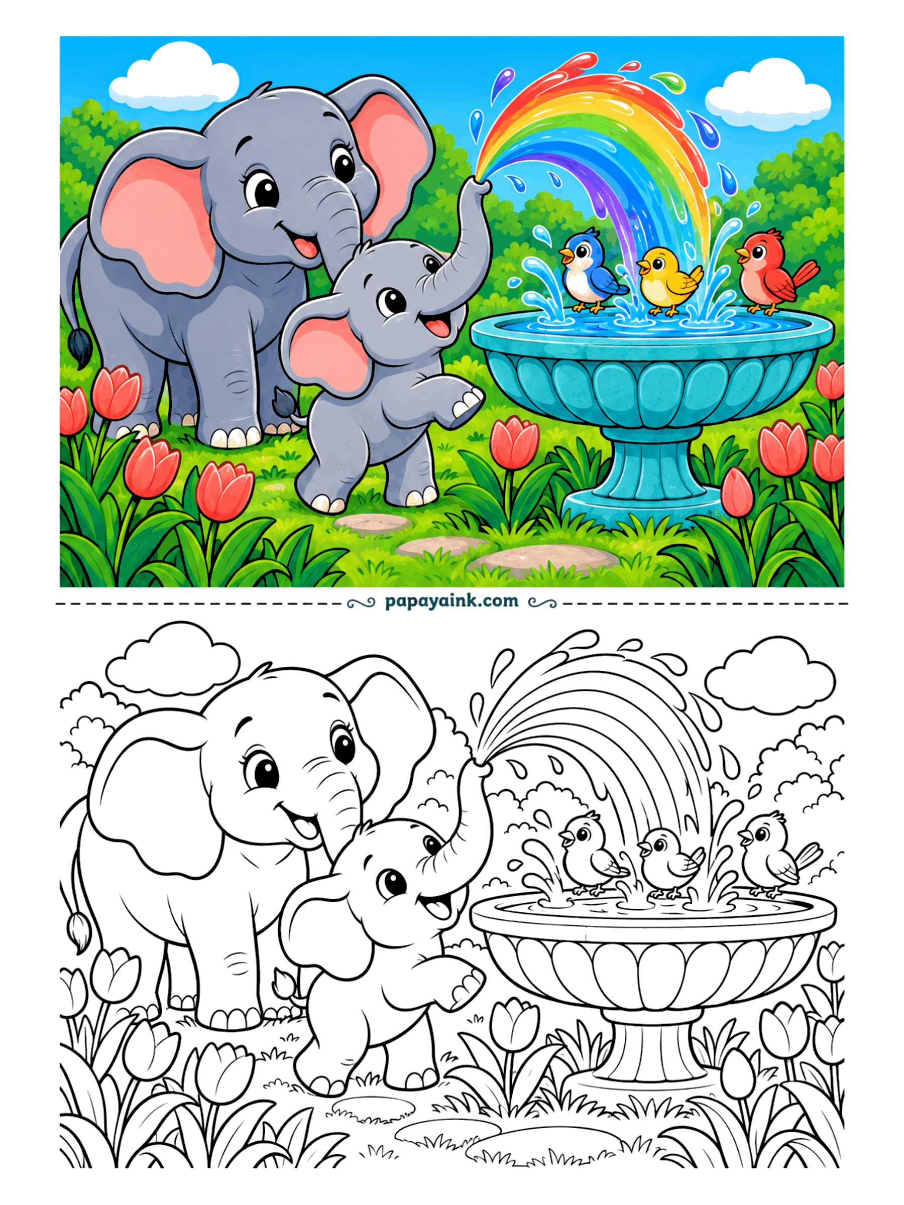 Elephant Coloring Pages - Bath time for the birds, courtesy of a trunk and a good aim. The calf arcs the water over the birdbath while the grown-up looks on from the tulips. Color the spray as a rainbow, as in the sample, or leave it clear.