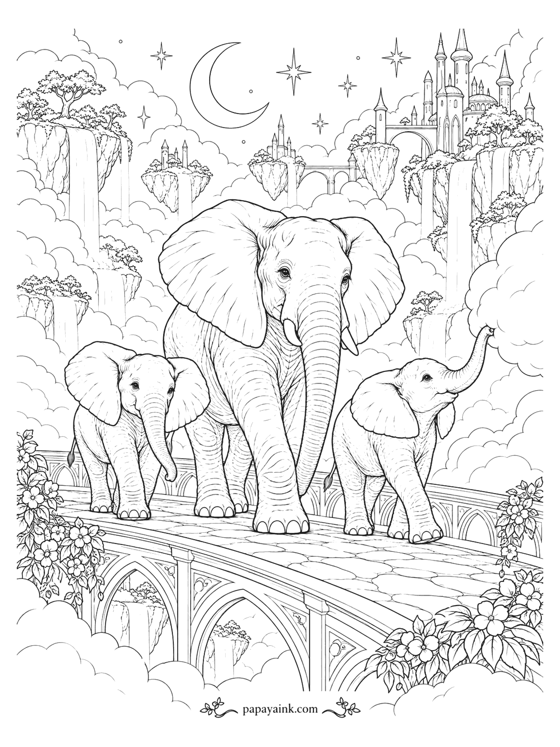 Elephant Coloring Pages - An elephant family walks over a stone bridge among floating islands, waterfalls and a castle in the clouds. Detailed.