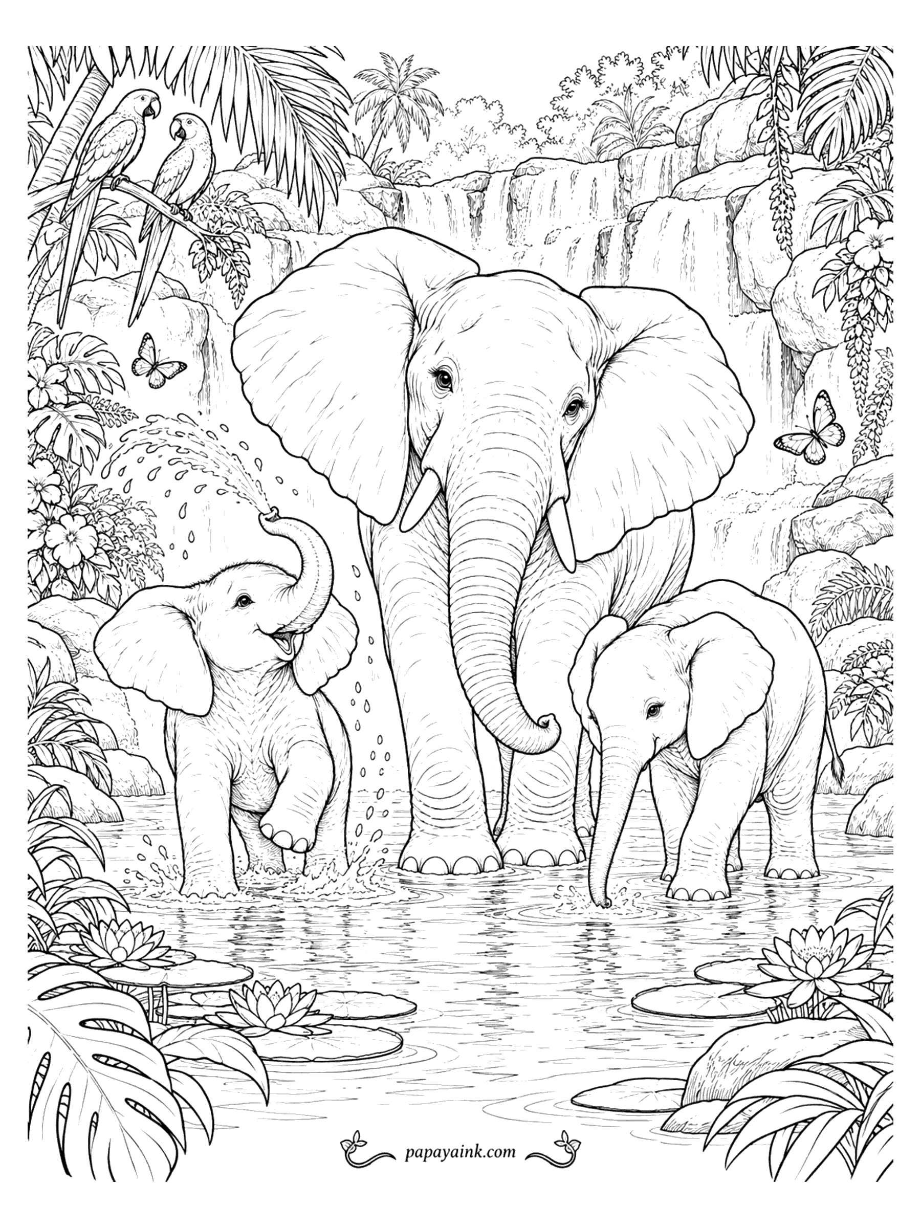 Elephant Coloring Pages - An elephant mother and two calves cool off in a jungle pool below a waterfall, watched by parrots and butterflies. Detailed.