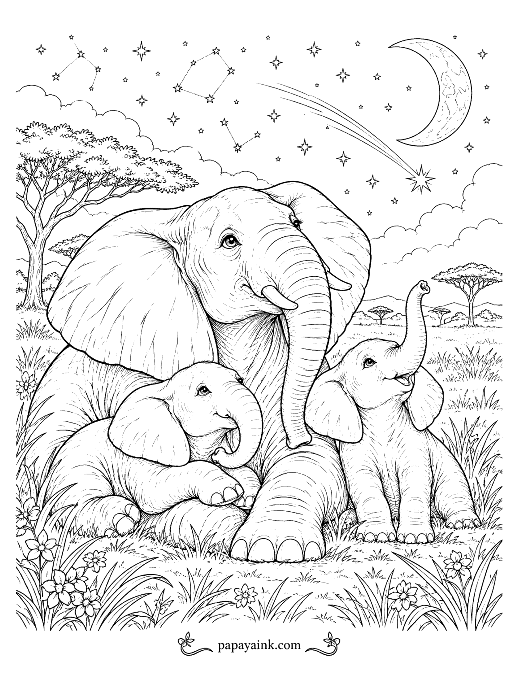 Elephant Coloring Pages - An elephant mother rests in the grass with two calves under a crescent moon, constellations and a shooting star.