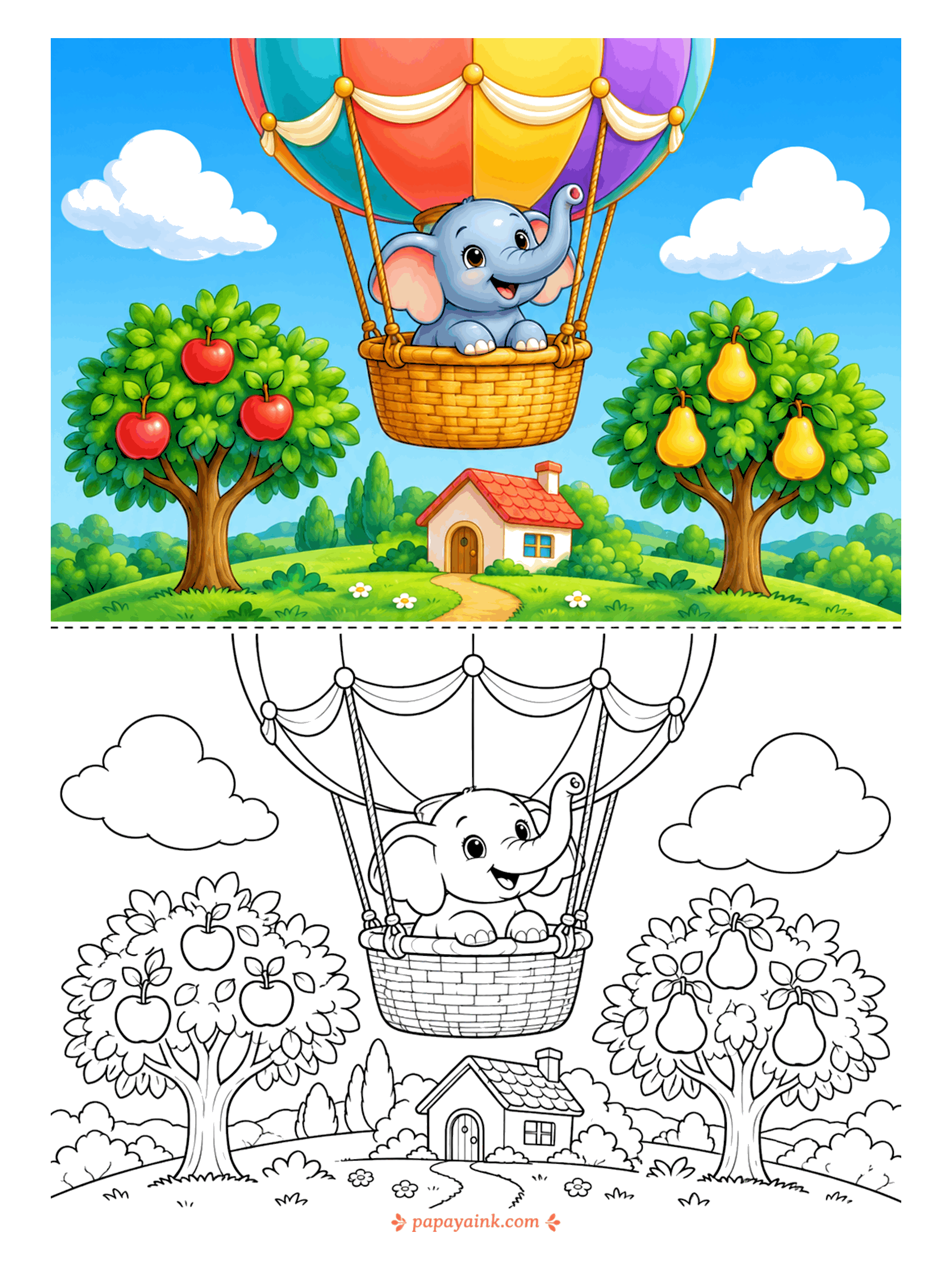 Elephant Coloring Pages - Up in a patchwork balloon, trunk raised in a wave to the cottage below. An apple tree stands on one side, a pear tree on the other, with clear sky all around. Large open shapes and very little fine detail.