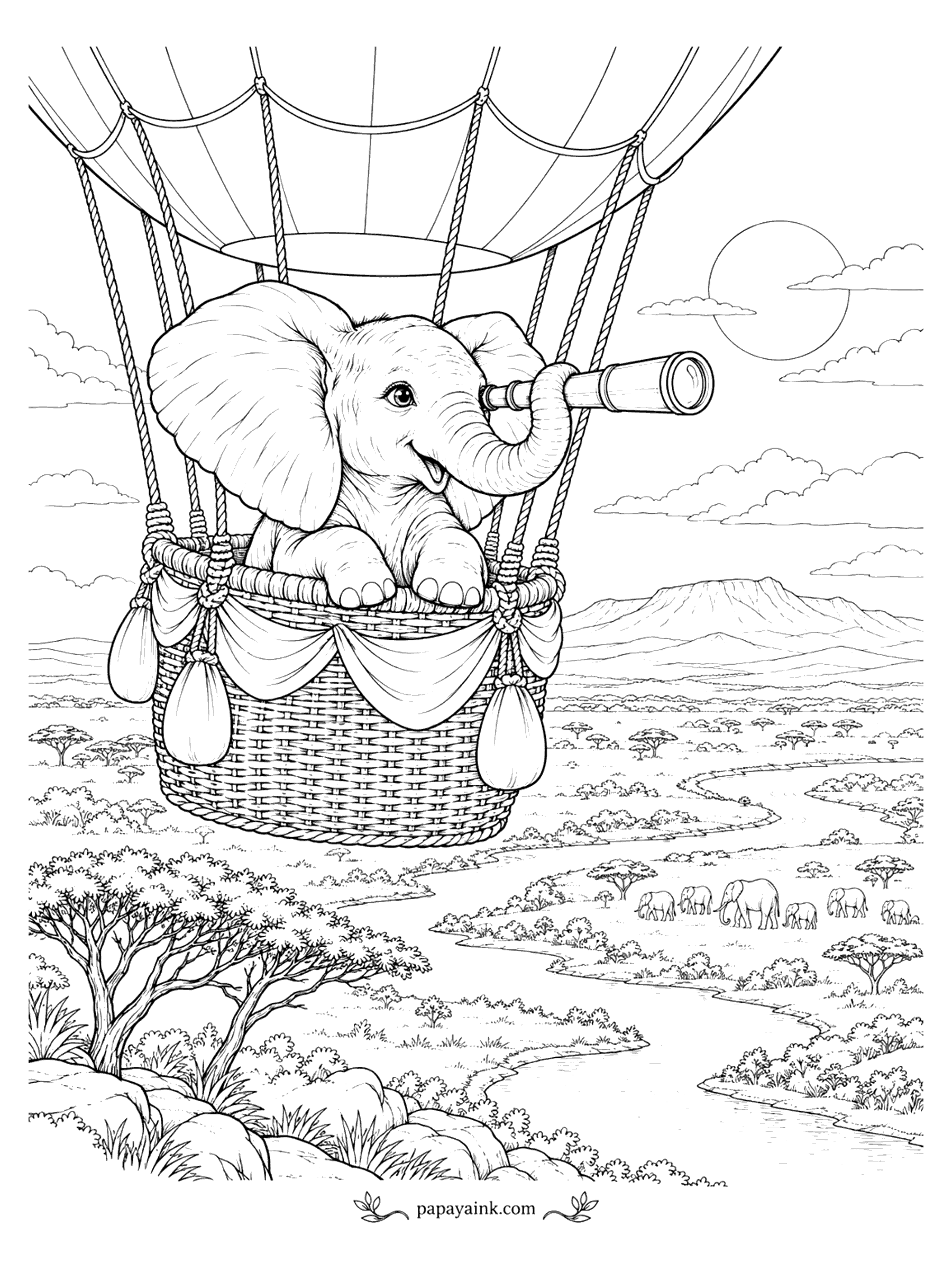 Elephant Coloring Pages - A baby elephant peers through a spyglass from a hot air balloon basket high above a winding river and a distant herd.