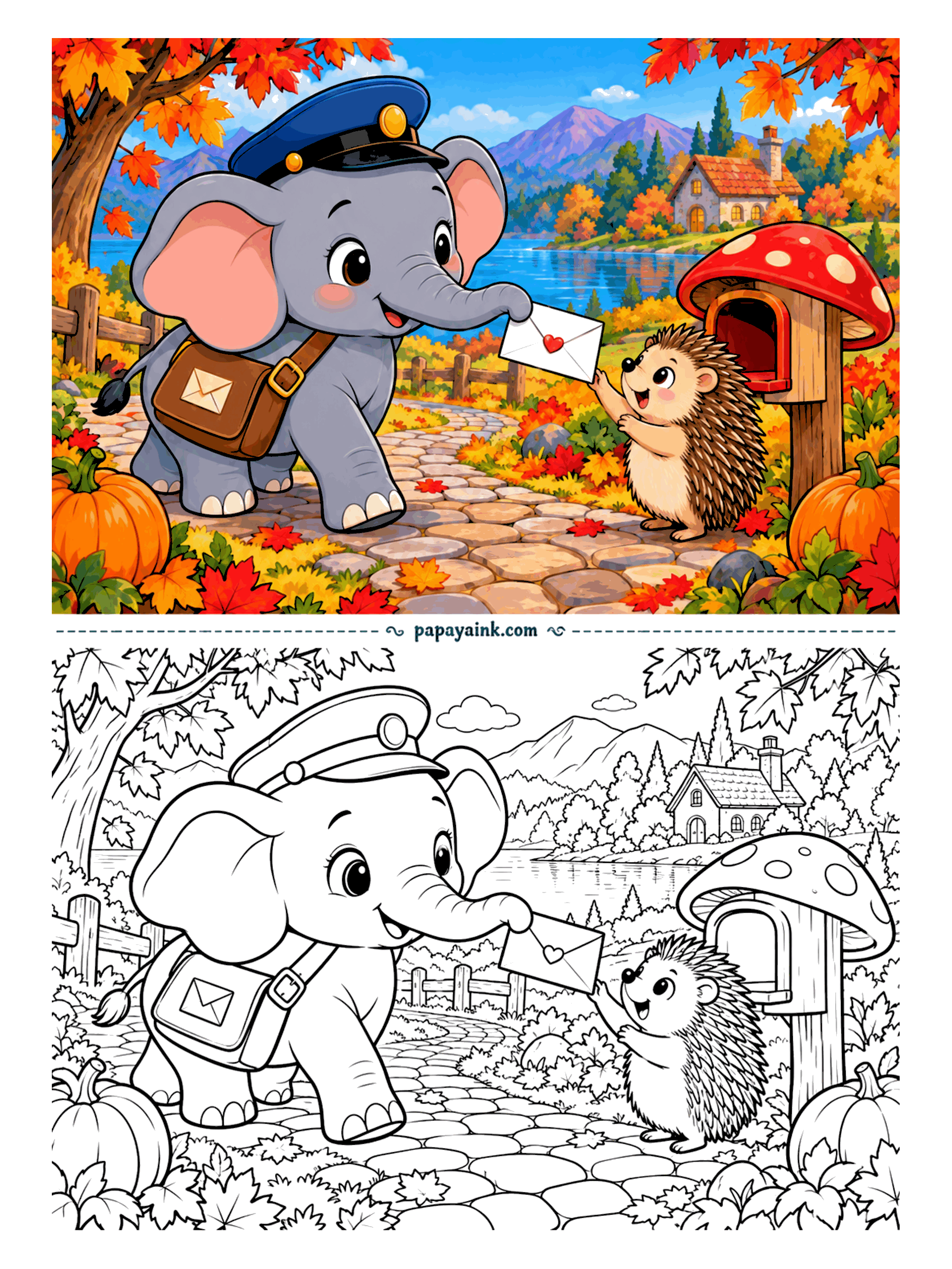 Elephant Coloring Pages - Special delivery, and the mailbox is a mushroom. The envelope carries a heart seal, the hedgehog has clearly been waiting by the path, and the mail carrier wears the cap with some pride. Detailed - maple leaves and cobblestones everywhere.