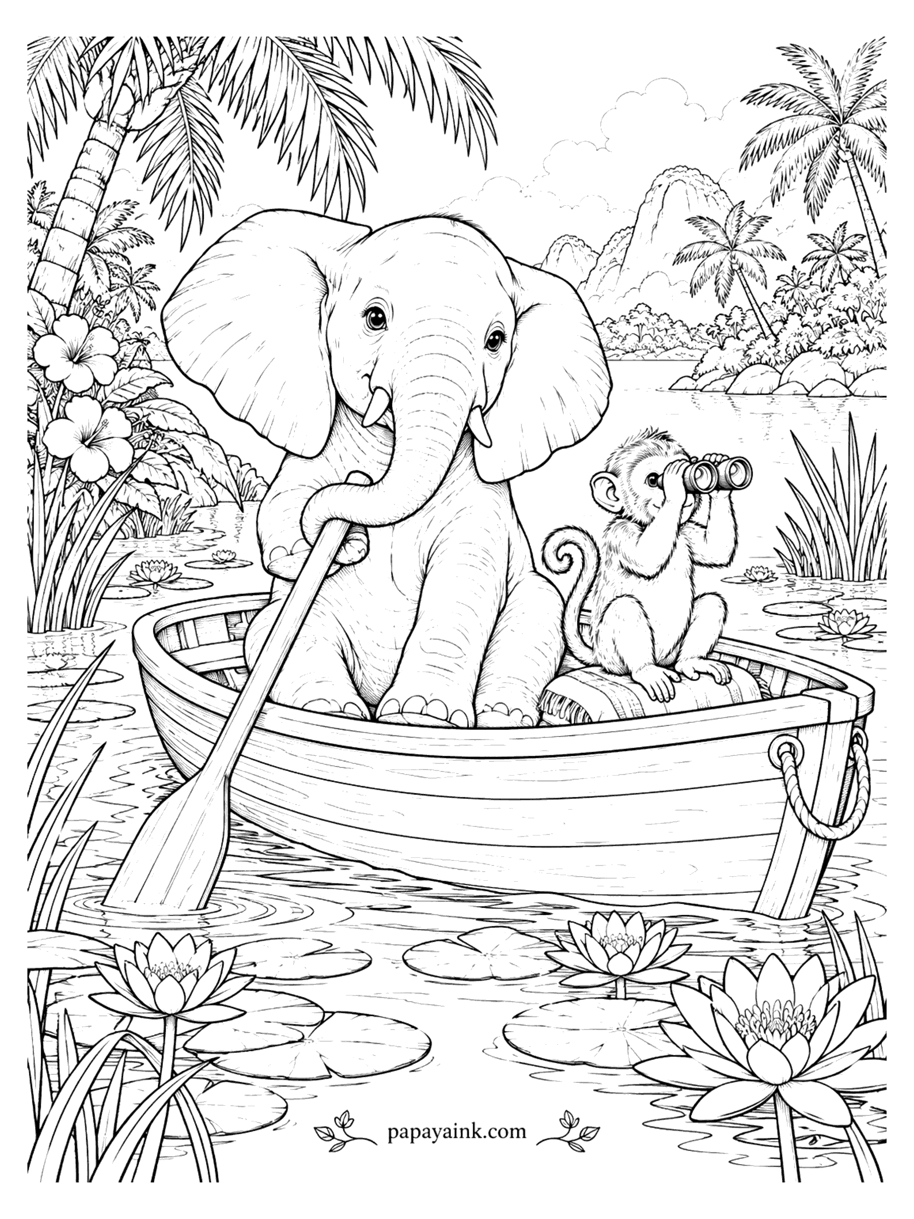 Elephant Coloring Pages - An elephant rows a wooden boat across a tropical lagoon while a monkey with binoculars scouts ahead. Detailed.