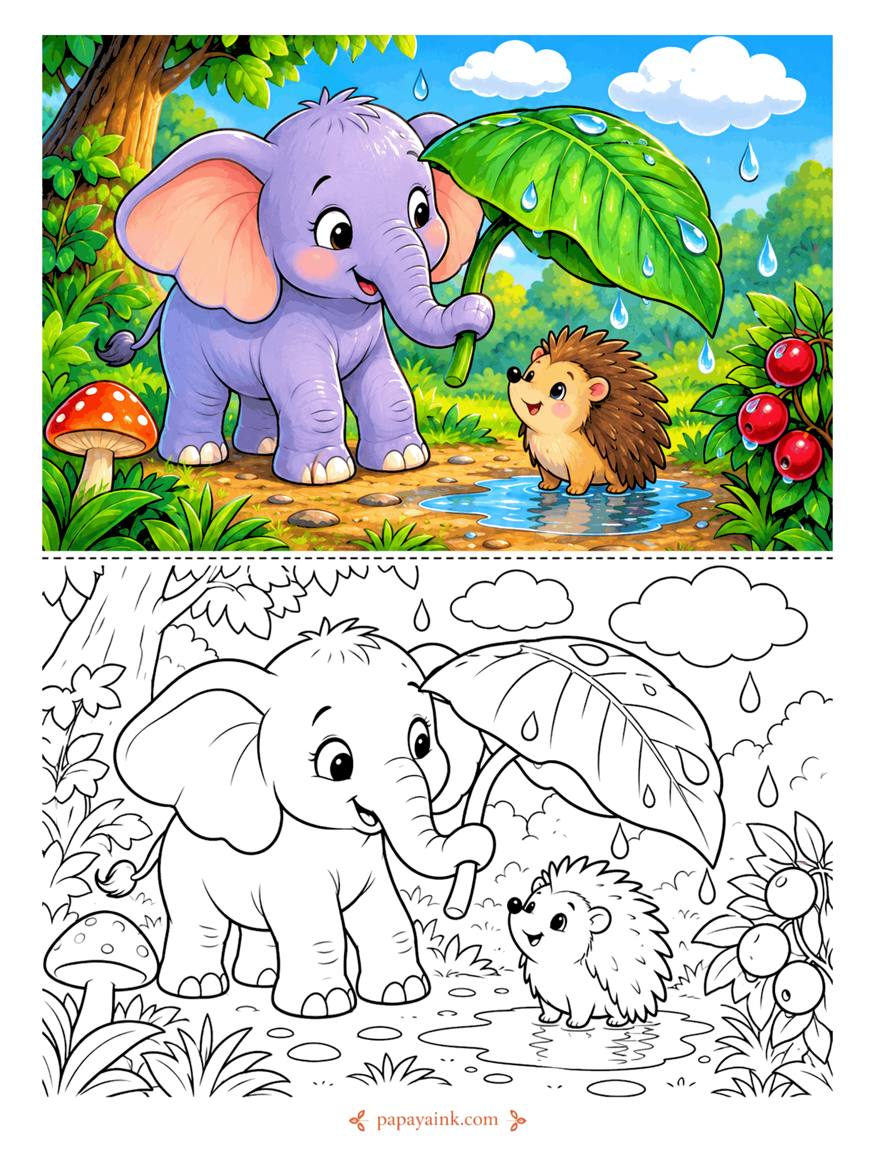 Elephant Coloring Pages - An umbrella picked straight off the plant keeps a hedgehog dry, more or less. The elephant holds the leaf; the hedgehog stands in the puddle anyway. Simple shapes and a short list of colors.