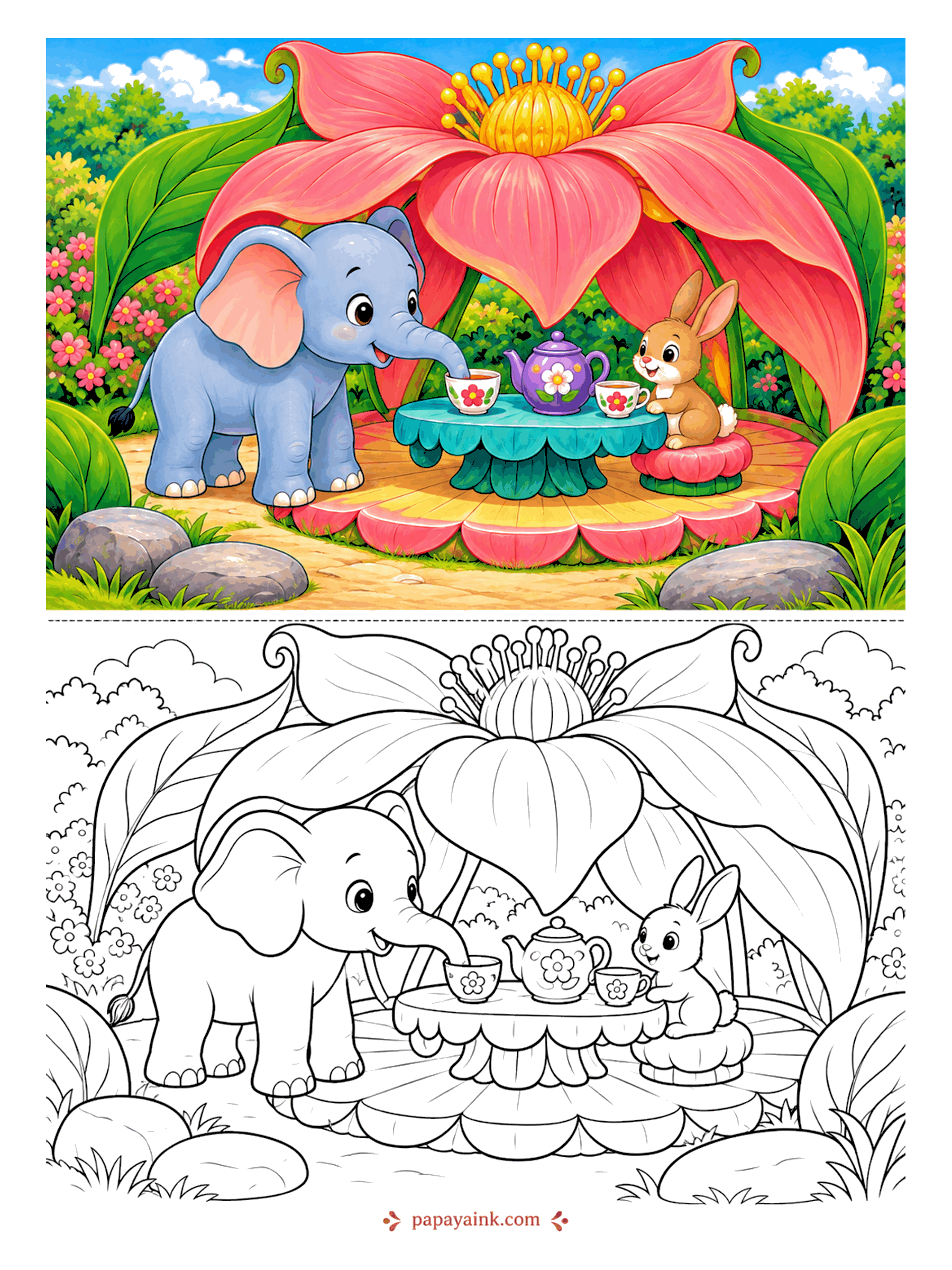 Elephant Coloring Pages - A flower big enough to be a gazebo, a table set on its fallen petals, and a rabbit who takes tea seriously. The trunk does the stirring. Broad petals make this a relaxed page for markers.