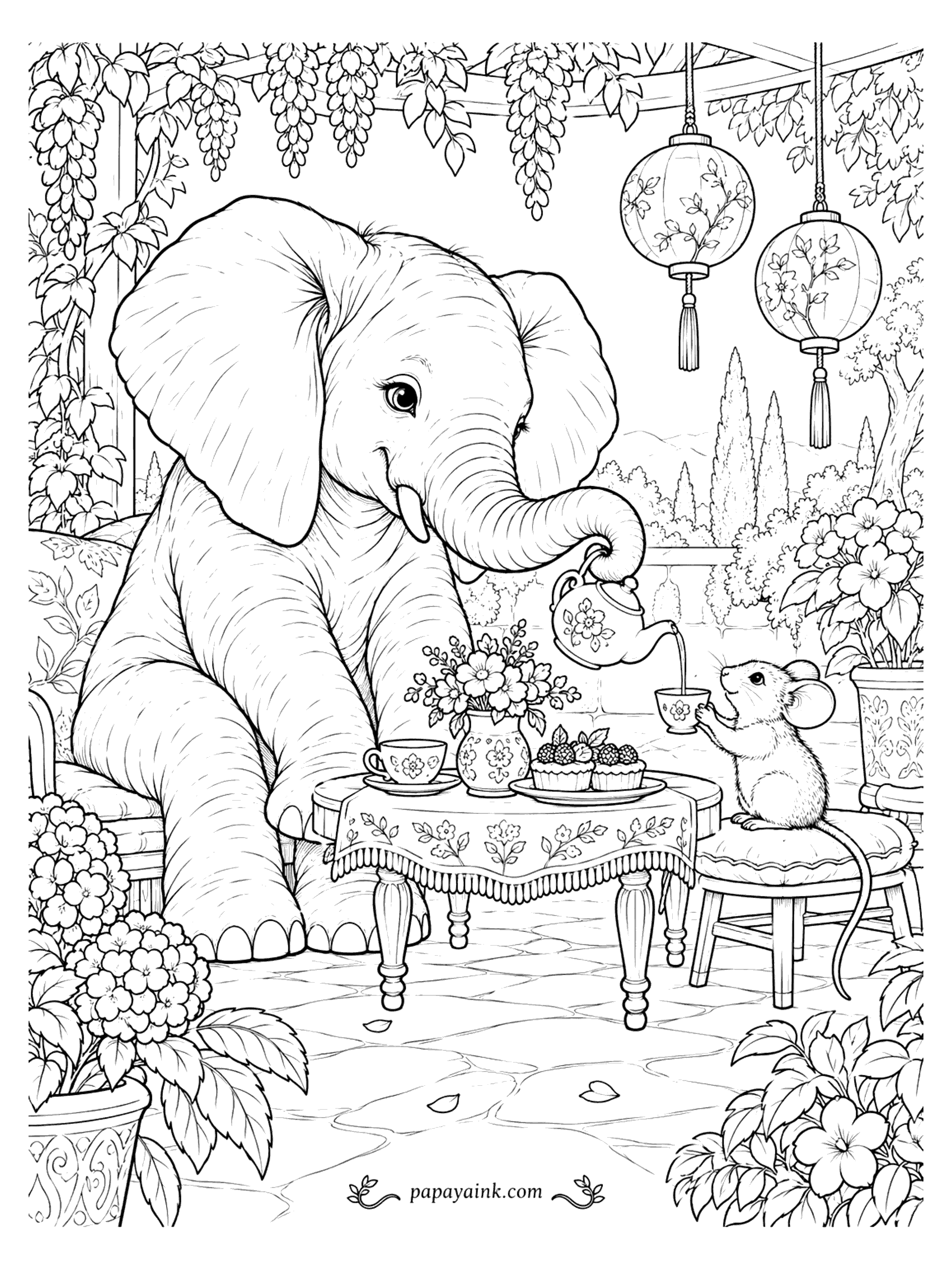 Elephant Coloring Pages - An elephant pours tea for a tiny mouse at a garden table under wisteria and paper lanterns.