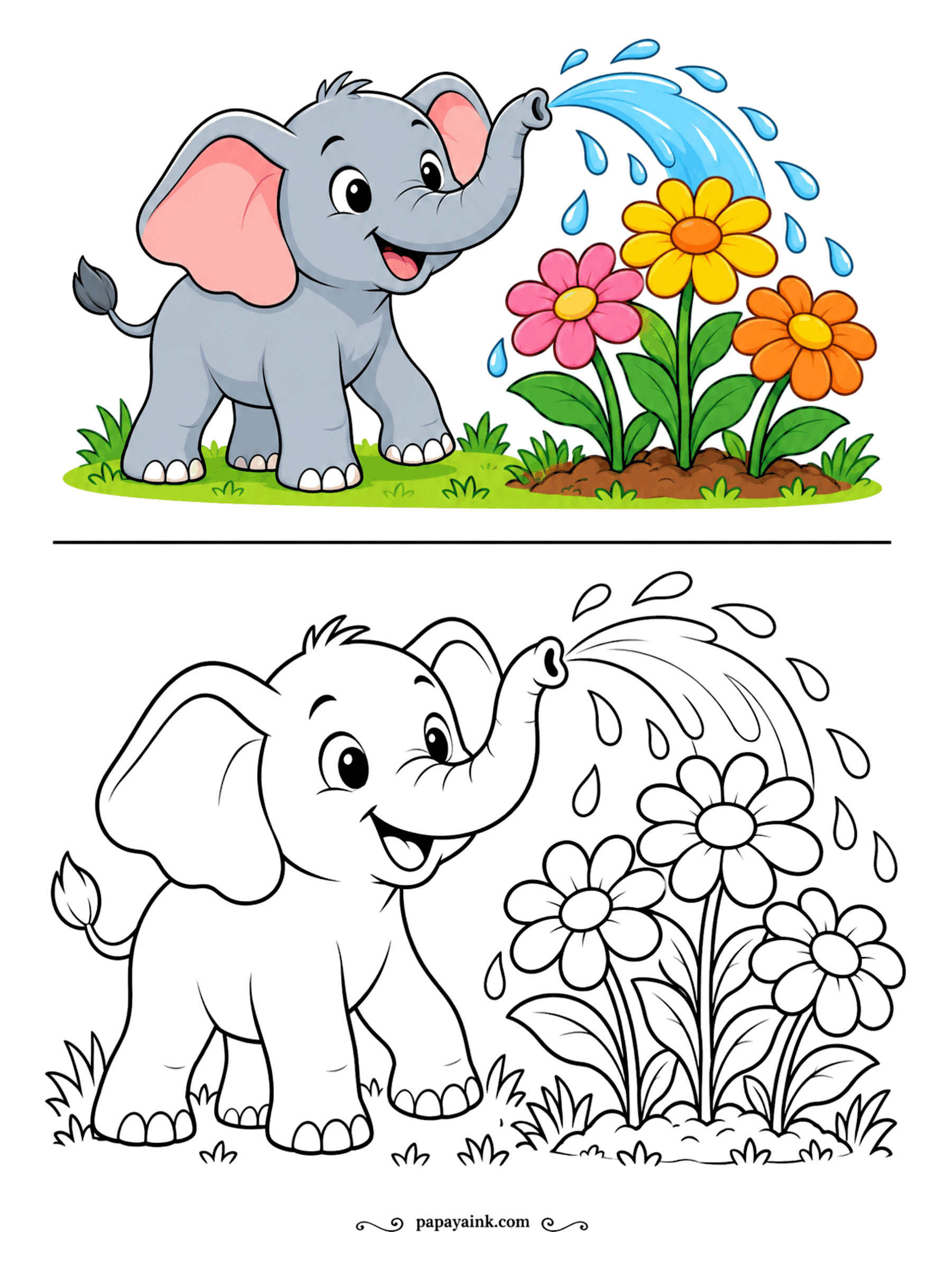 Copy Coloring Pages - The elephant's trunk works as a hose, and the flowers seem grateful. A spray of water arcs over three big blooms in a flower bed. Gray with pink ears for the elephant, then pick any colors for the petals.