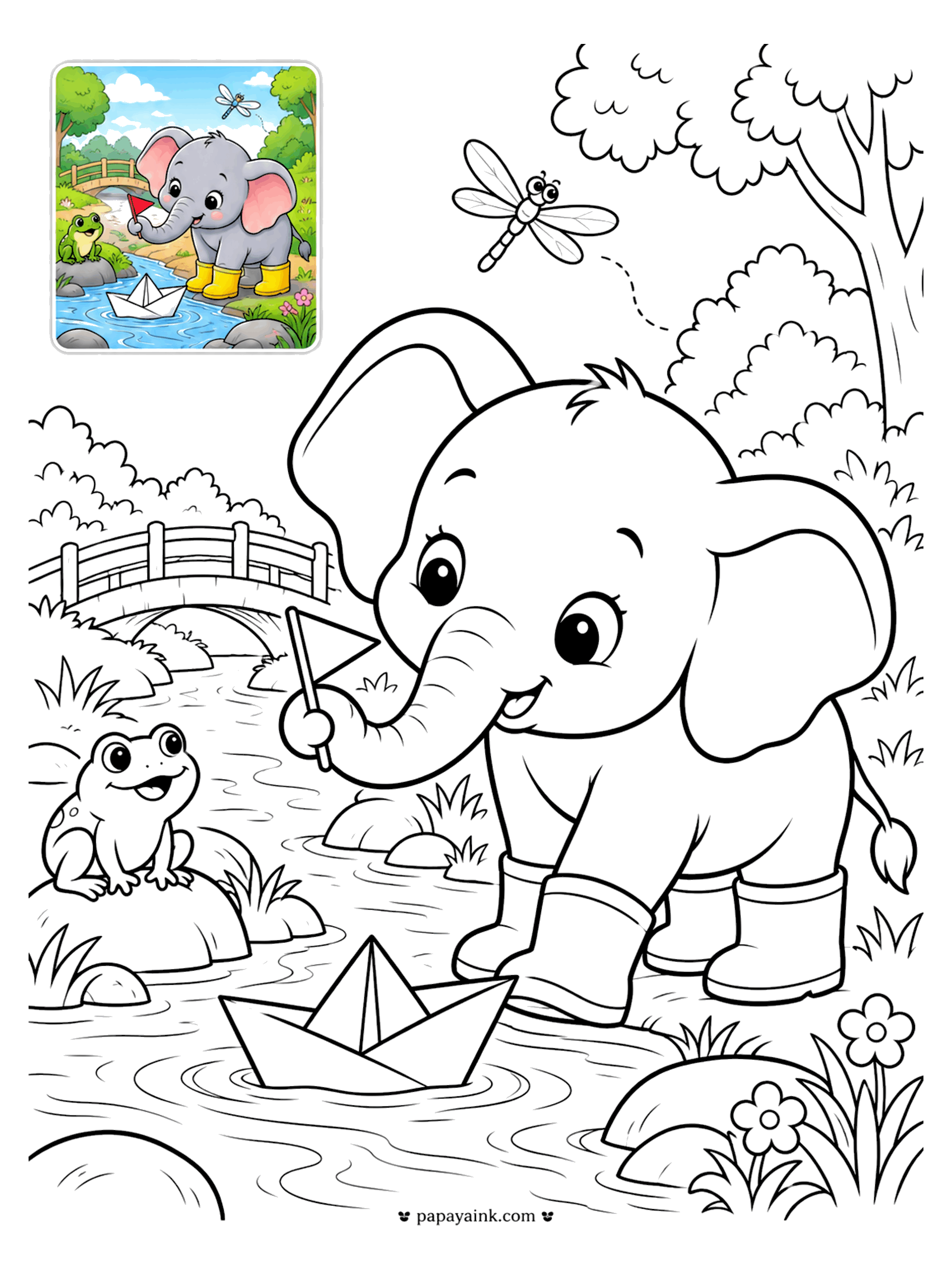 Color Guide Coloring Pages - Color guide coloring page of a baby elephant in rain boots launching a paper boat in a stream, with a frog and a bridge