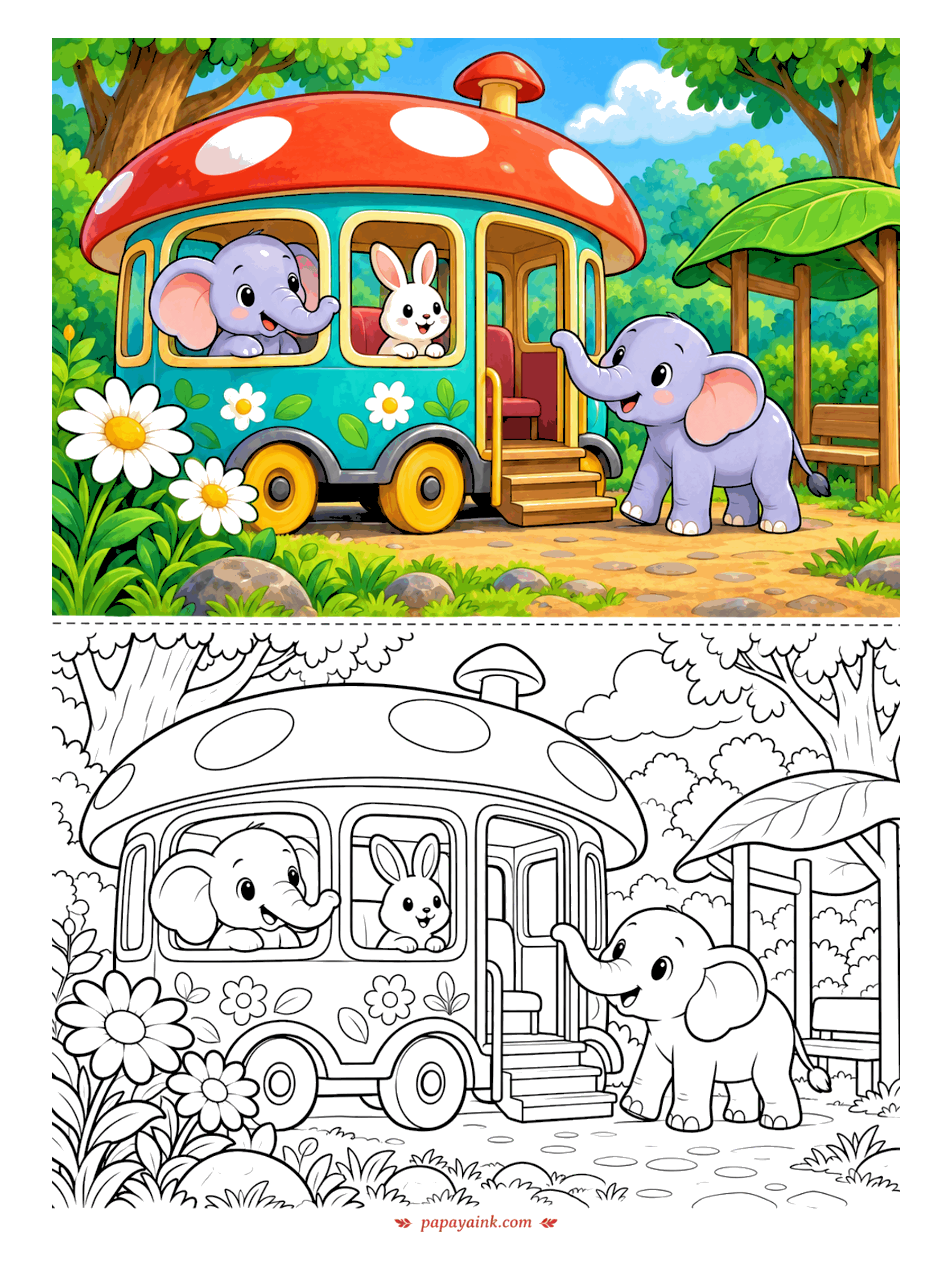 Elephant Coloring Pages - Now boarding: the mushroom bus. A calf and a rabbit already have window seats, and the last passenger reaches for the handrail by the steps. Spots on the roof and daisies on the side panels are waiting for bright color.