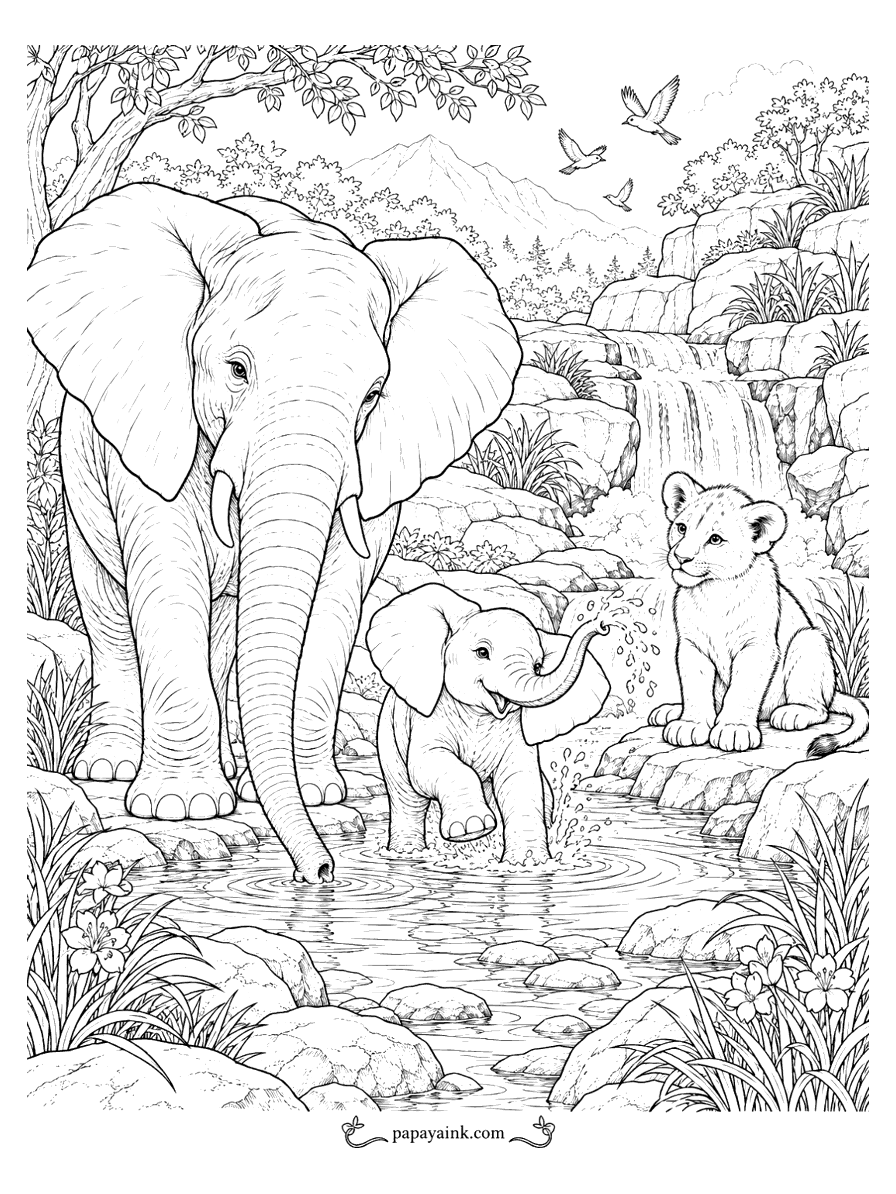 Elephant Coloring Pages - A mother elephant and her splashing calf share a rocky stream with a curious lion cub beside a waterfall. Detailed.