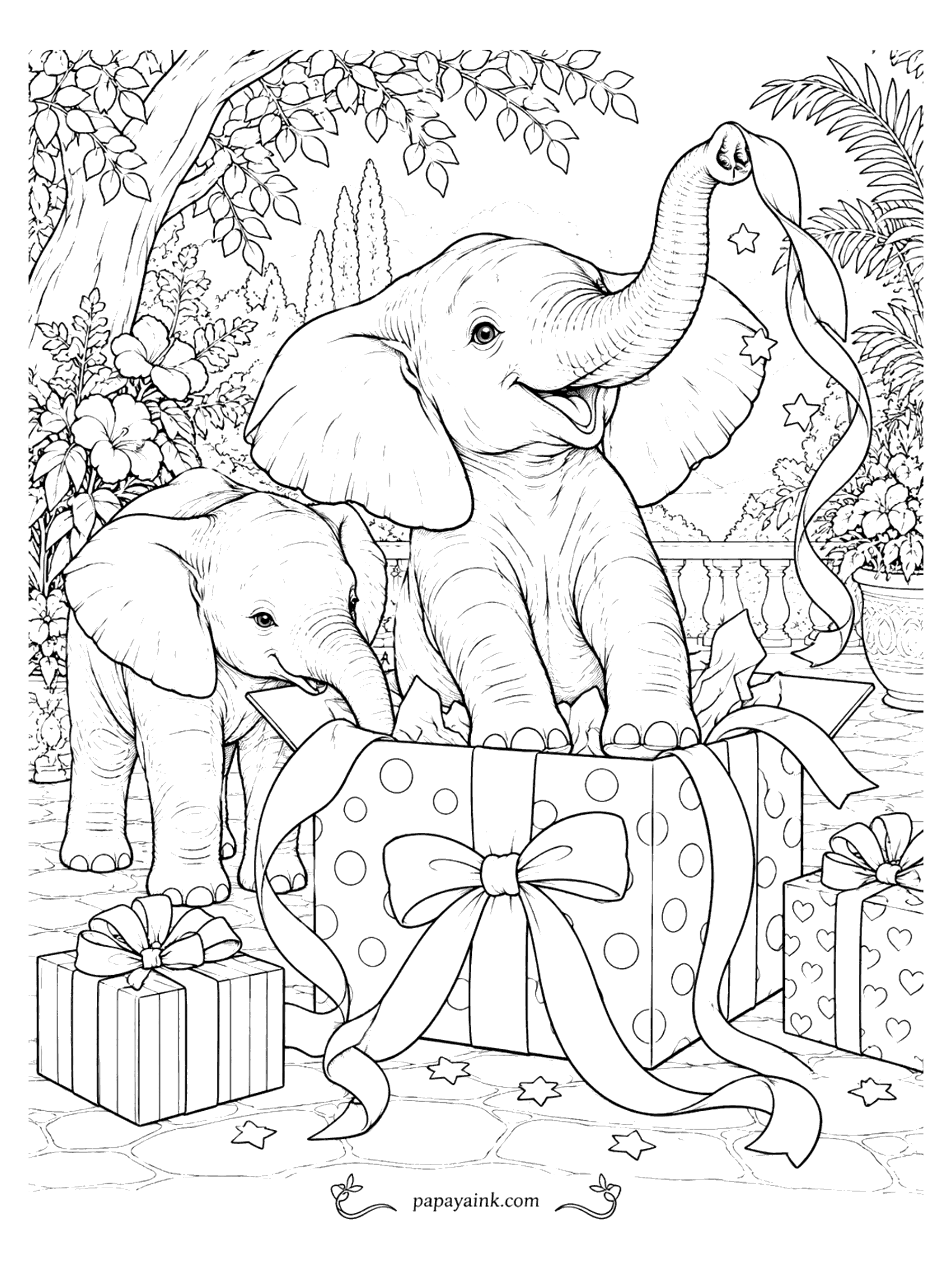Elephant Coloring Pages - A baby elephant pops out of a giant polka-dot gift box with the ribbon in its trunk as its sibling peeks inside.