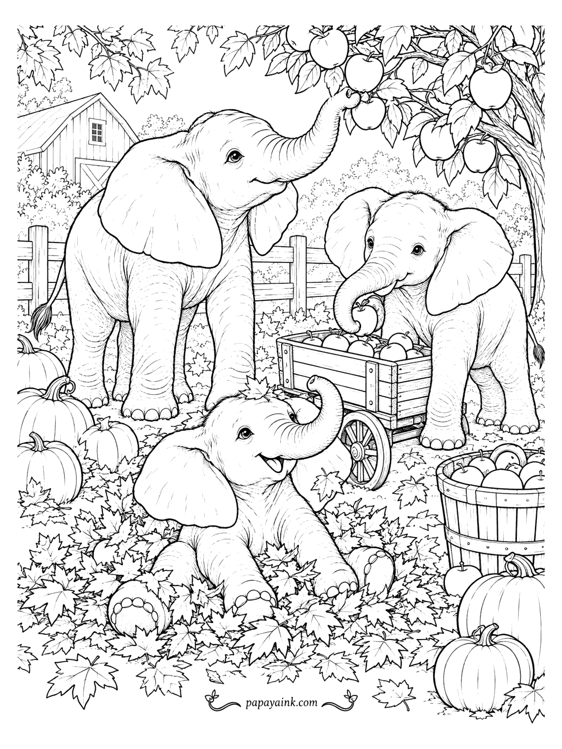 Elephant Coloring Pages - Three elephants gather apples in a fall orchard with a wooden cart, a barrel, pumpkins and drifting maple leaves. Detailed.