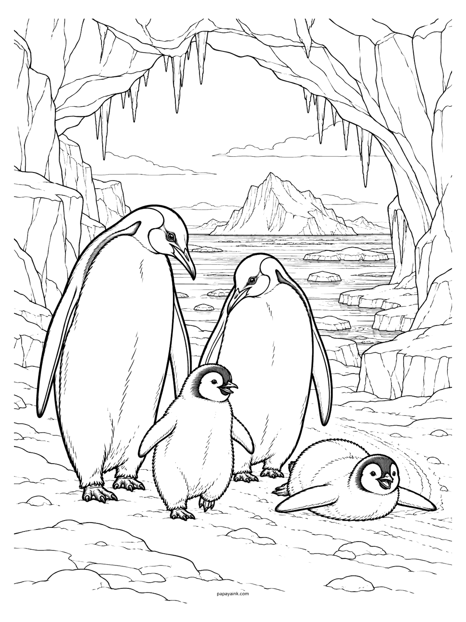 Penguin Coloring Pages - Emperor penguin family framed by an ice cave with hanging icicles: two parents, a chick taking wobbly steps and a second chick sliding past on its belly.
