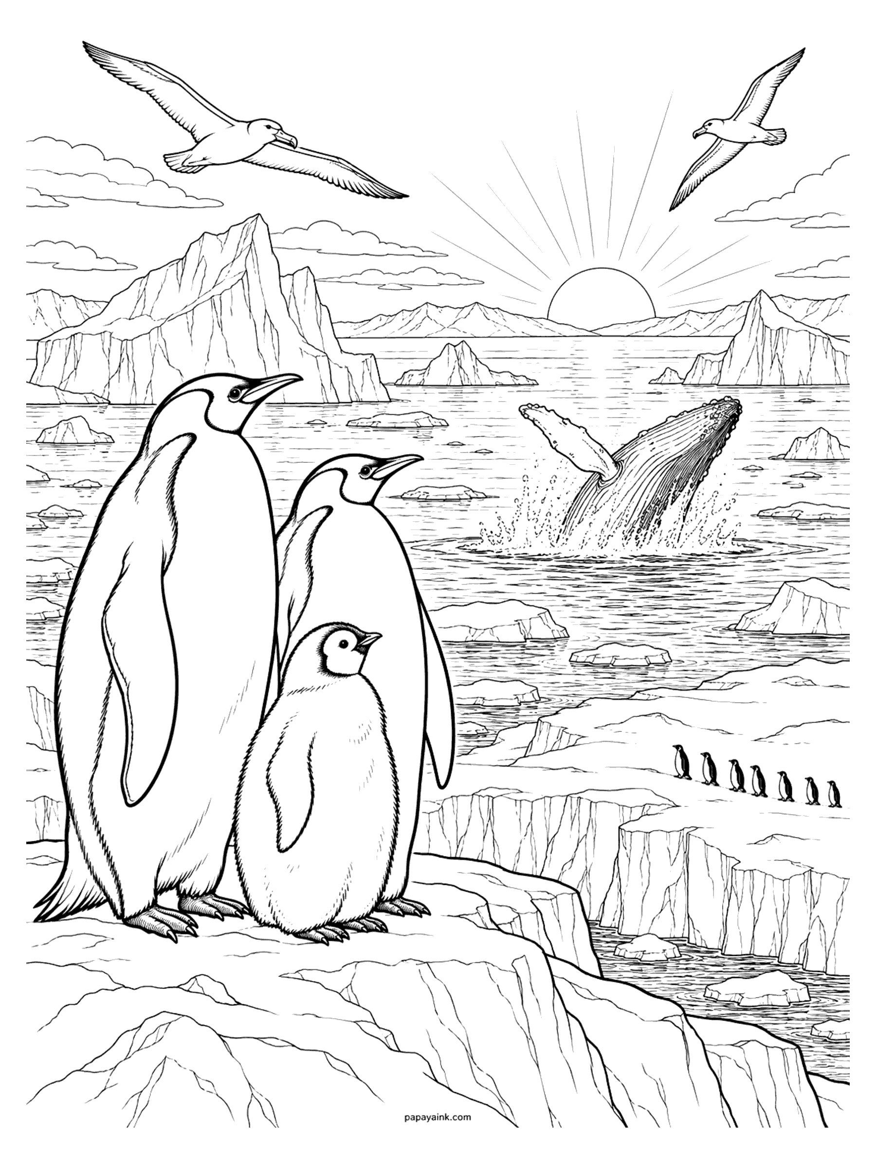 Penguin Coloring Pages - Emperor penguin family on an ice ledge watching a humpback whale breach at sunrise, with two albatrosses overhead and a distant line of penguins marching across the ice. Detailed.