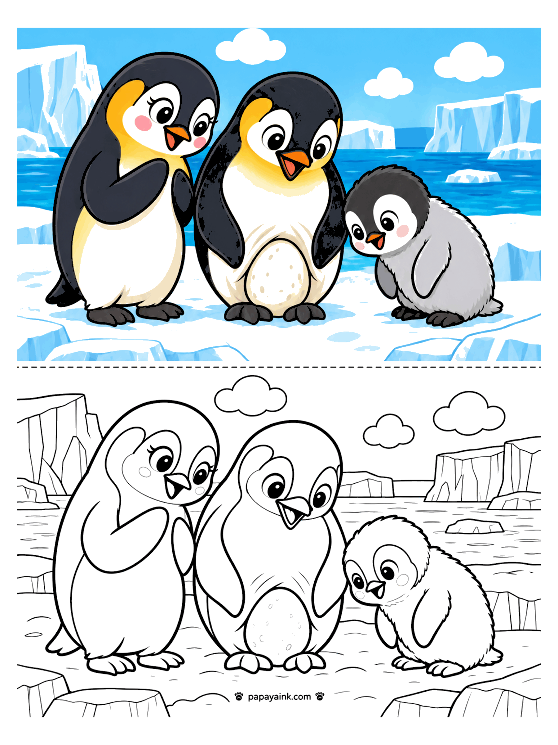 Penguin Coloring Pages - Two emperor penguins keeping an egg warm on their feet while a fluffy gray chick looks on.