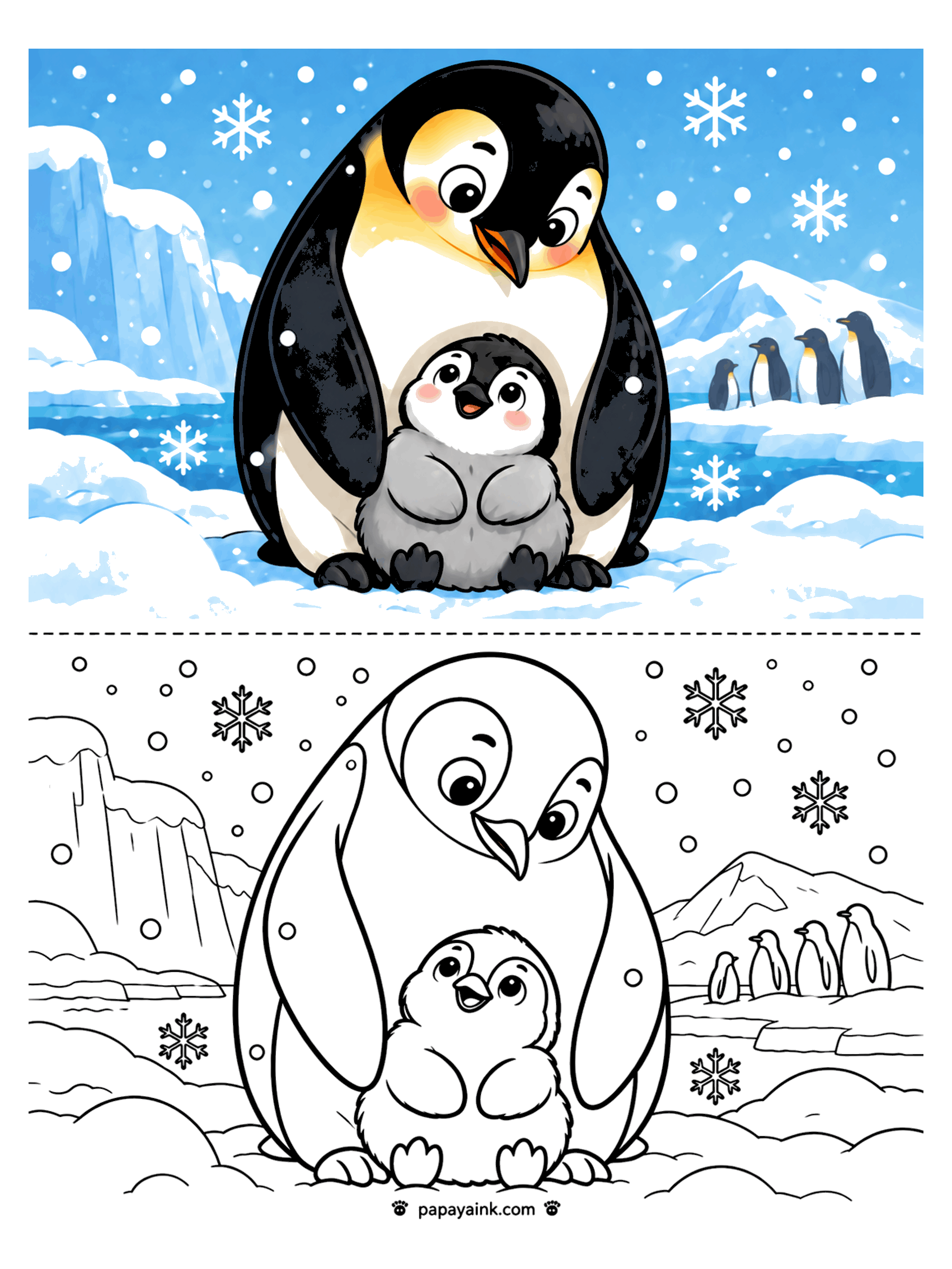 Penguin Coloring Pages - An emperor penguin sheltering a fluffy chick between her feet under falling snowflakes.