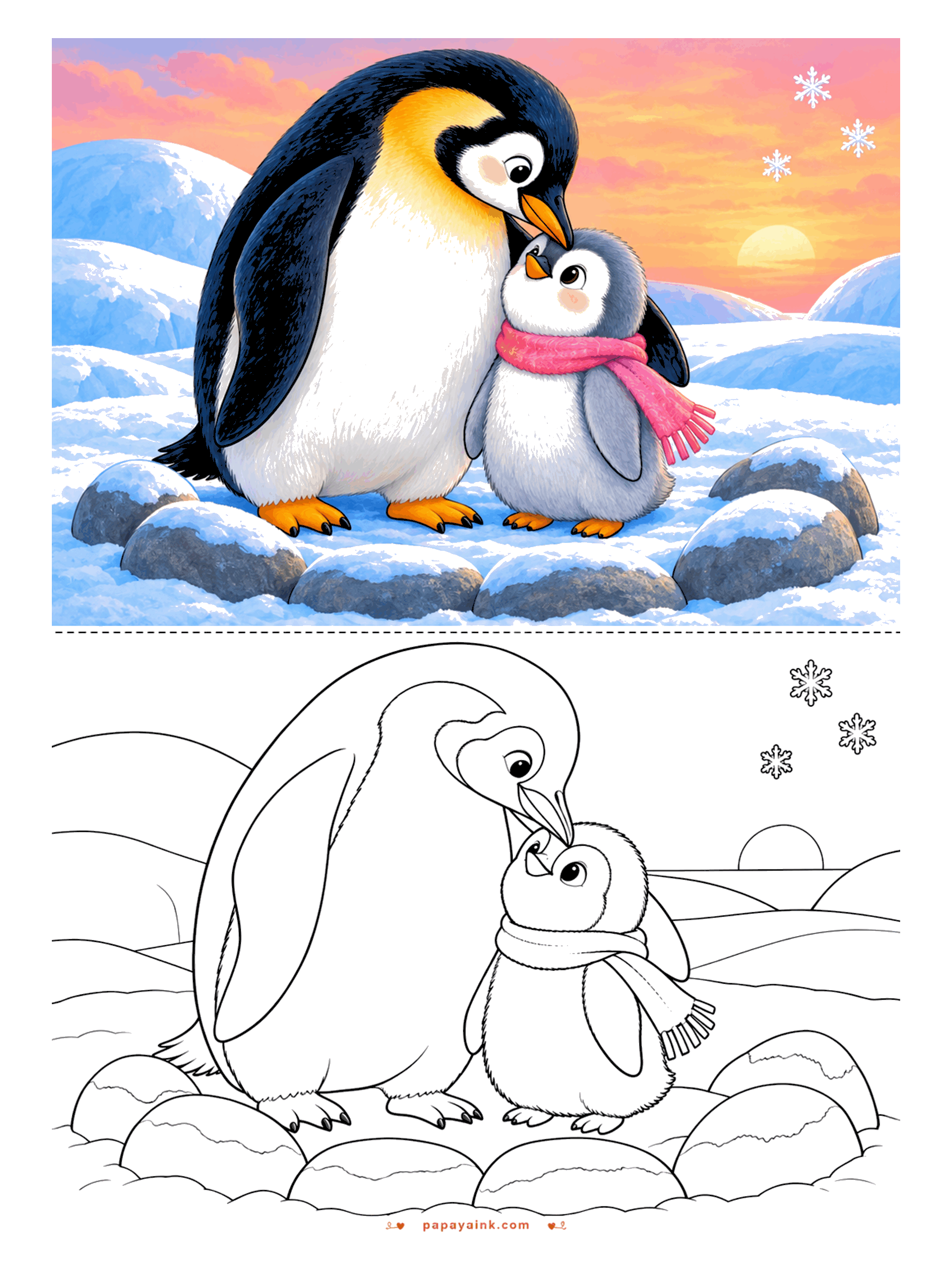 Penguin Coloring Pages - Emperor penguin parent bending down to nuzzle a fluffy chick wrapped in a scarf, on a ring of snowy stones with the sun low on the horizon.