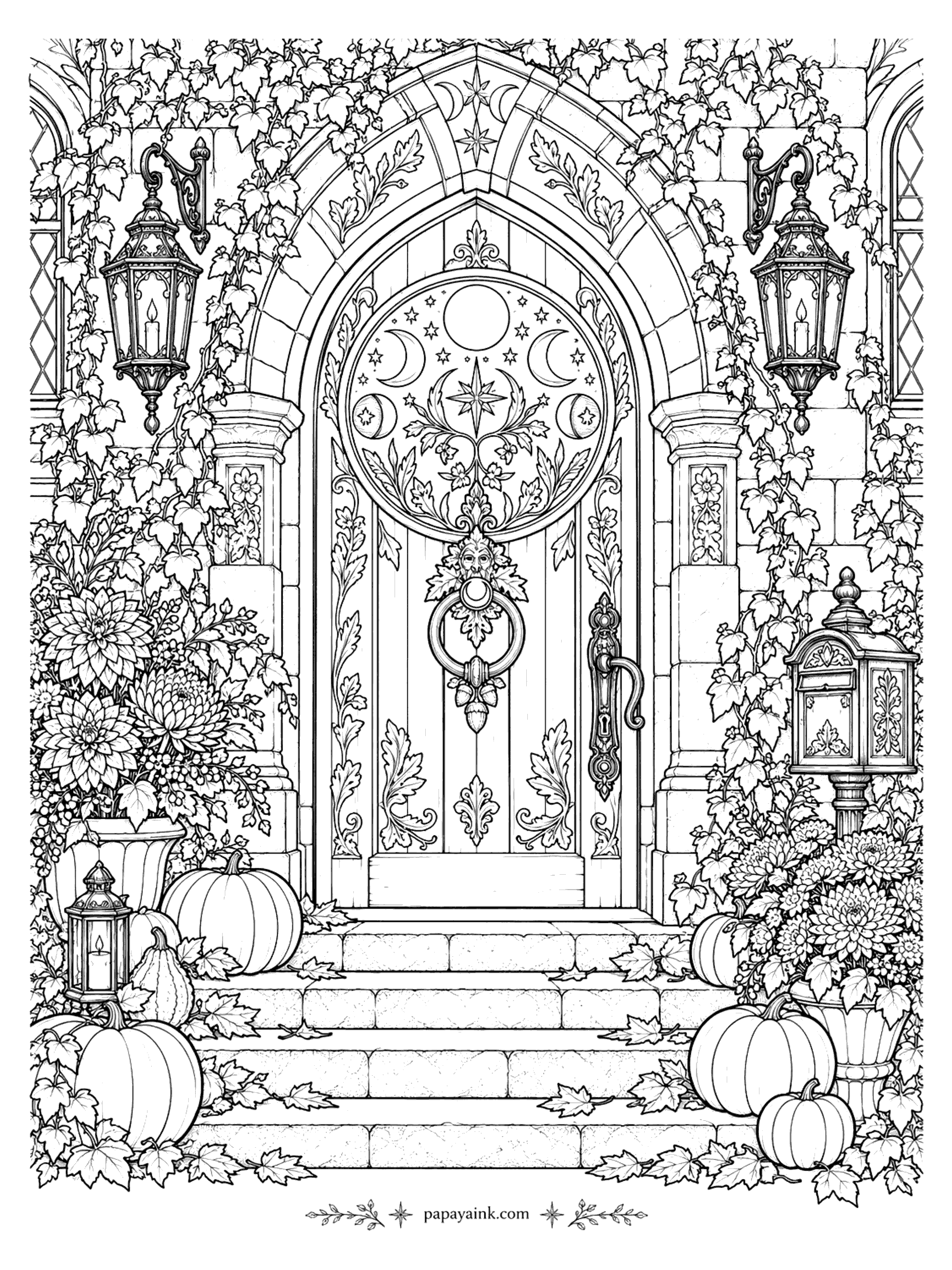 Halloween Coloring Pages for Adults - Enchanted arched wooden door carved with moon phases and a green man knocker, framed by ivy, lanterns, chrysanthemums, and pumpkins on stone steps (Detailed)