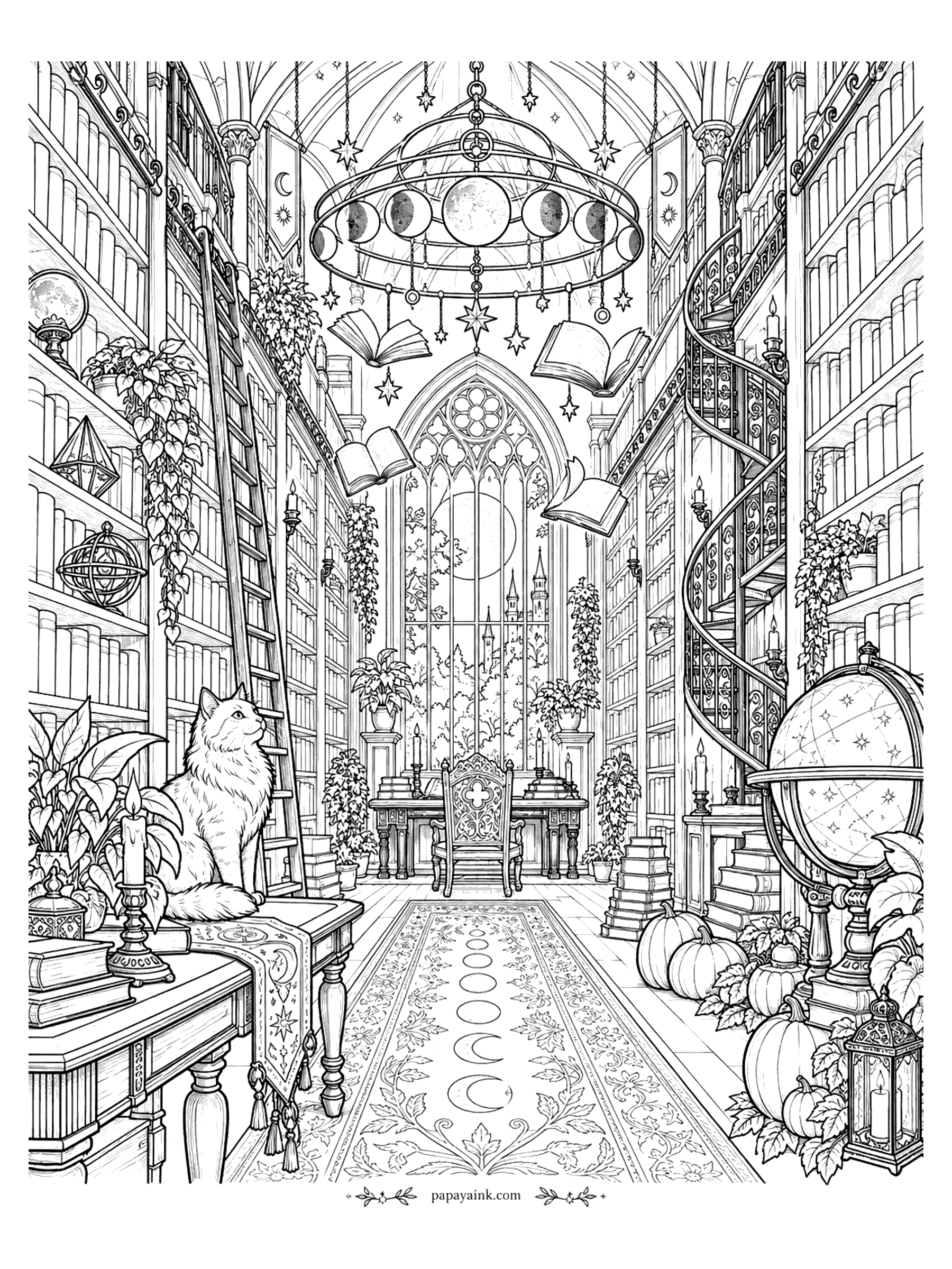 Halloween Coloring Pages for Adults - Enchanted gothic library with floating books, a moon-phase chandelier, a spiral staircase, a celestial globe, pumpkins, and a fluffy cat on a desk (Detailed)