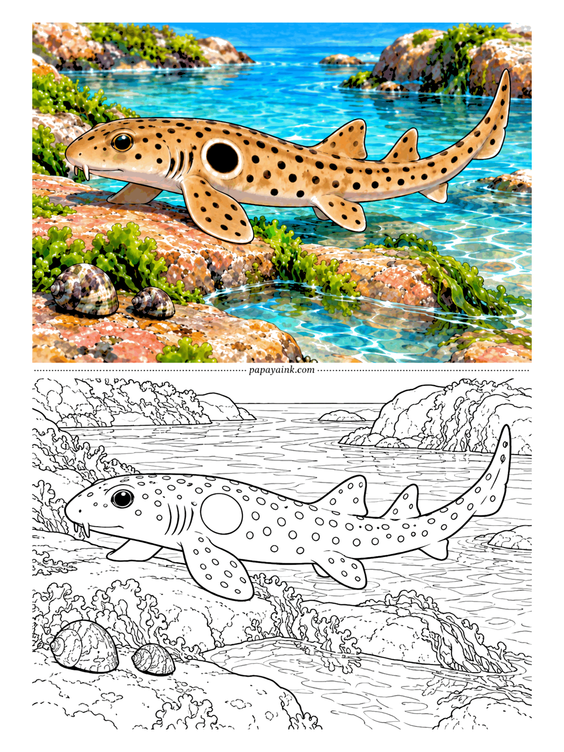 Shark Coloring Pages - This shark walks. At low tide the epaulette shark crosses tide pools on its fins as if they were legs, and it can get by on very little oxygen when the water is cut off. The big dark spot behind the head is the epaulette.