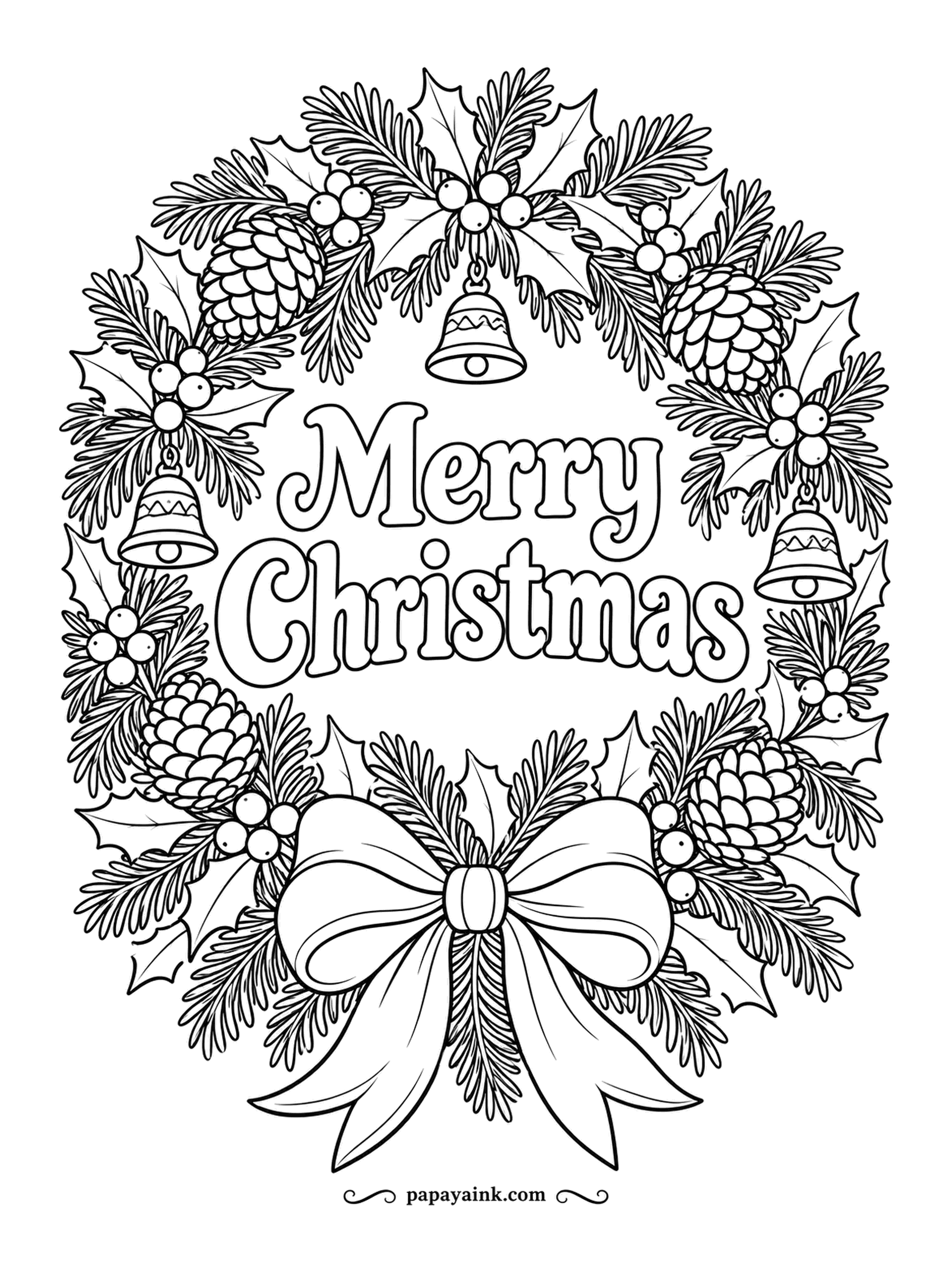 Merry Christmas Coloring Pages - Pinecones, holly, bells and one very generous bow, with the greeting set right in the middle. Detailed - work the needles in several greens, darkest underneath, and the wreath starts to look round.