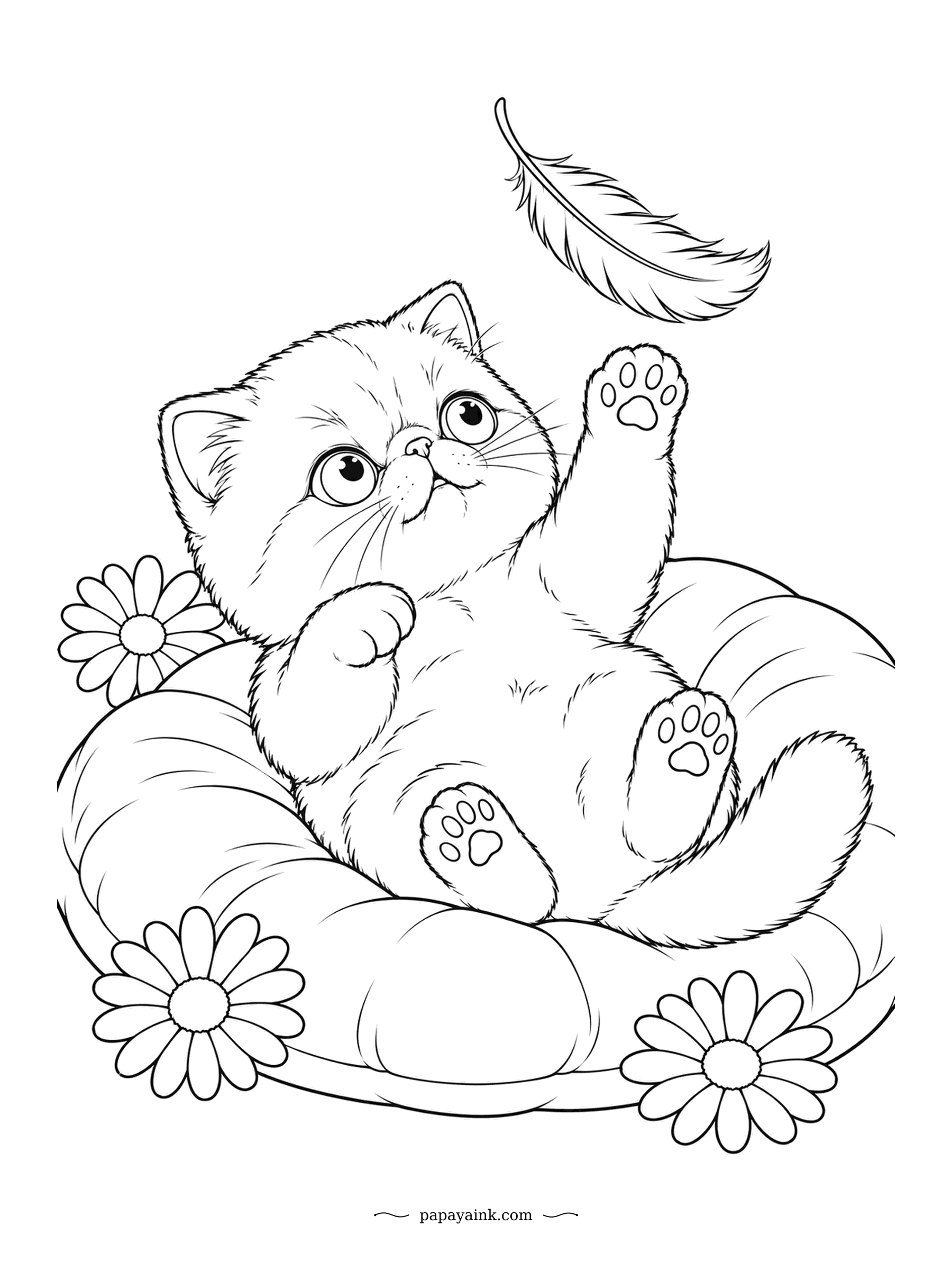 Kitten Coloring Pages - Flat on its back in a flower-print bed, every paw in the air, one feather drifting down. Exotic Shorthairs are short-haired Persians: same flat face, far less brushing. Pink paw pads and a pale tummy, almost no background.