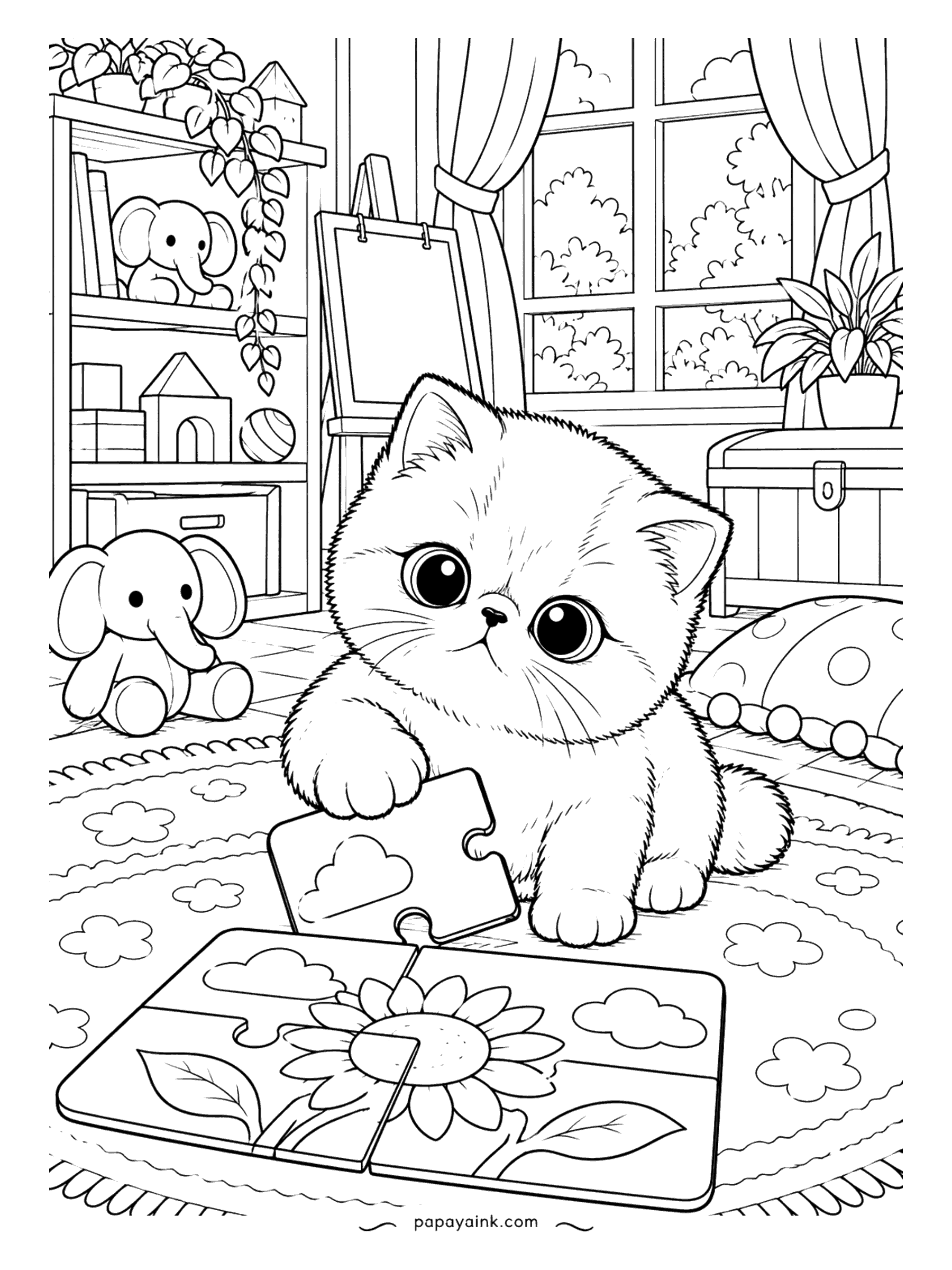 Kitten Coloring Pages - Last piece, and the Exotic Shorthair kitten is holding it, which means the puzzle is finished when the kitten says so. A sunflower picture half done, plush elephants and an easel in the playroom. Round face, round paws, round puzzle - easy shapes.