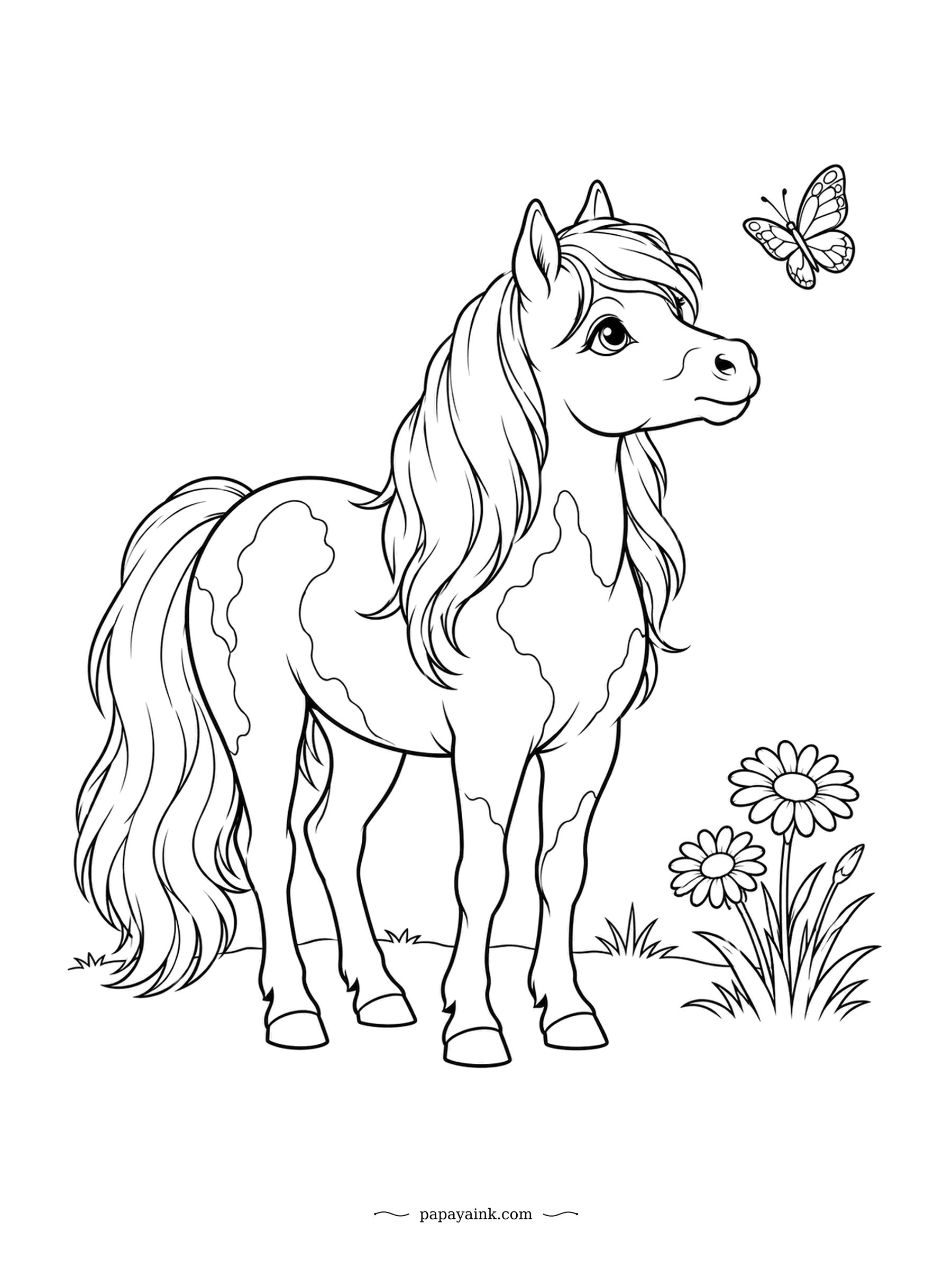 Horse Coloring Pages - Butterfly at nose height, and the butterfly is not that much smaller. The Falabella is the smallest horse breed in the world, about the height of a large dog. Patches, a flowing mane and a few daisies - a simple sheet with plenty of white.